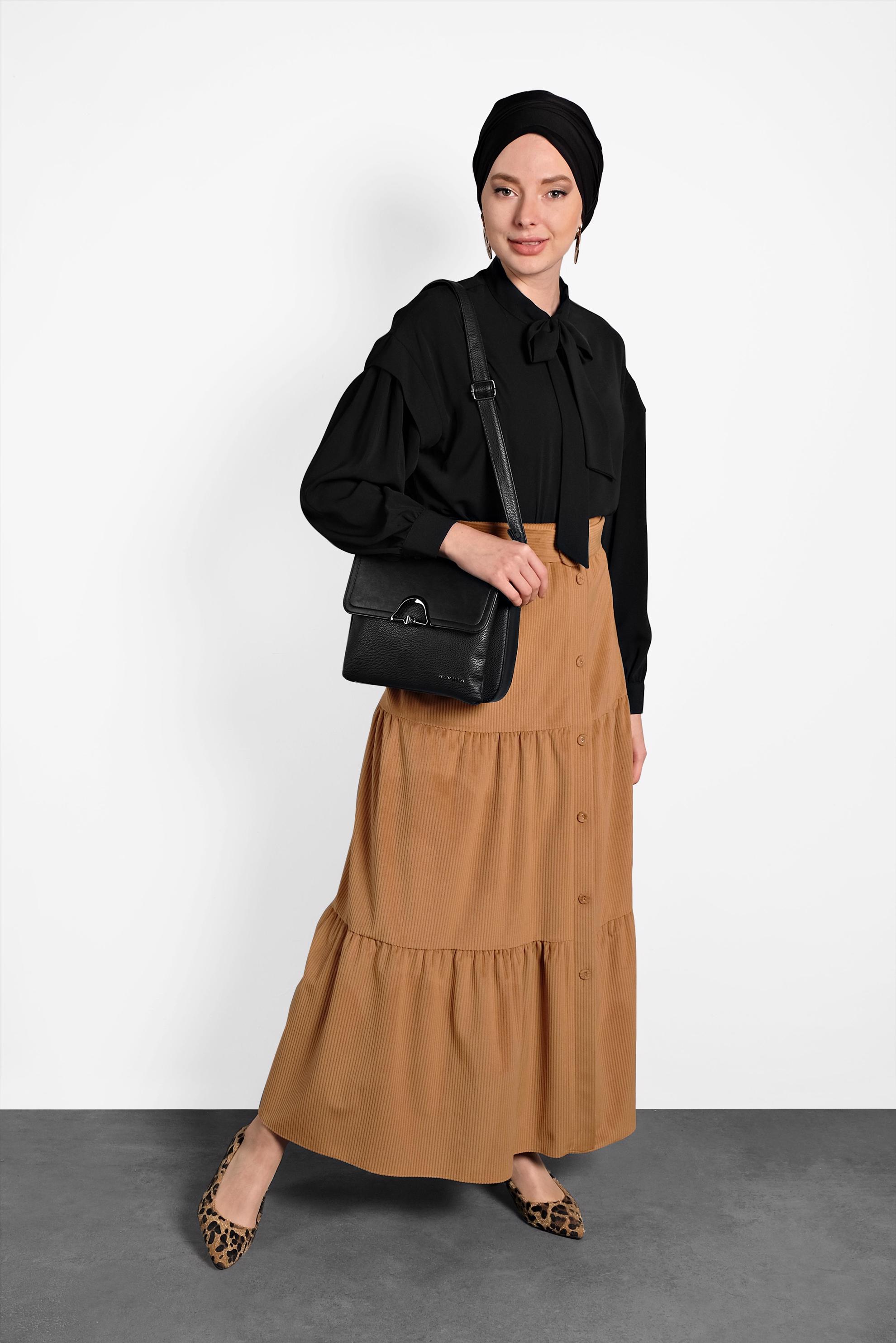 Tesettür giyim TABA DÜĞMELİ KEMERLİ VOLANLI ETEK 60036 