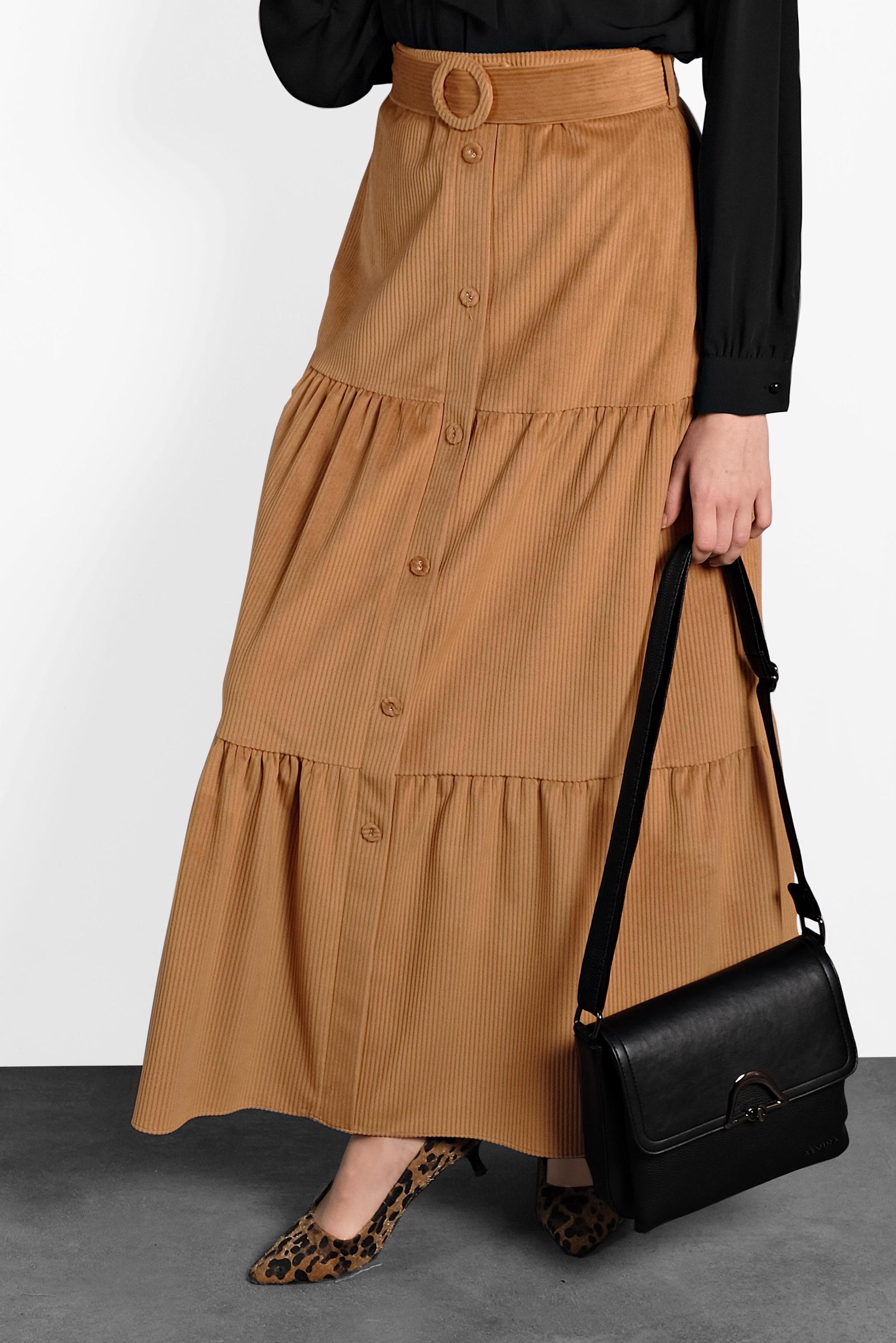 Tesettür giyim TABA DÜĞMELİ KEMERLİ VOLANLI ETEK 60036 