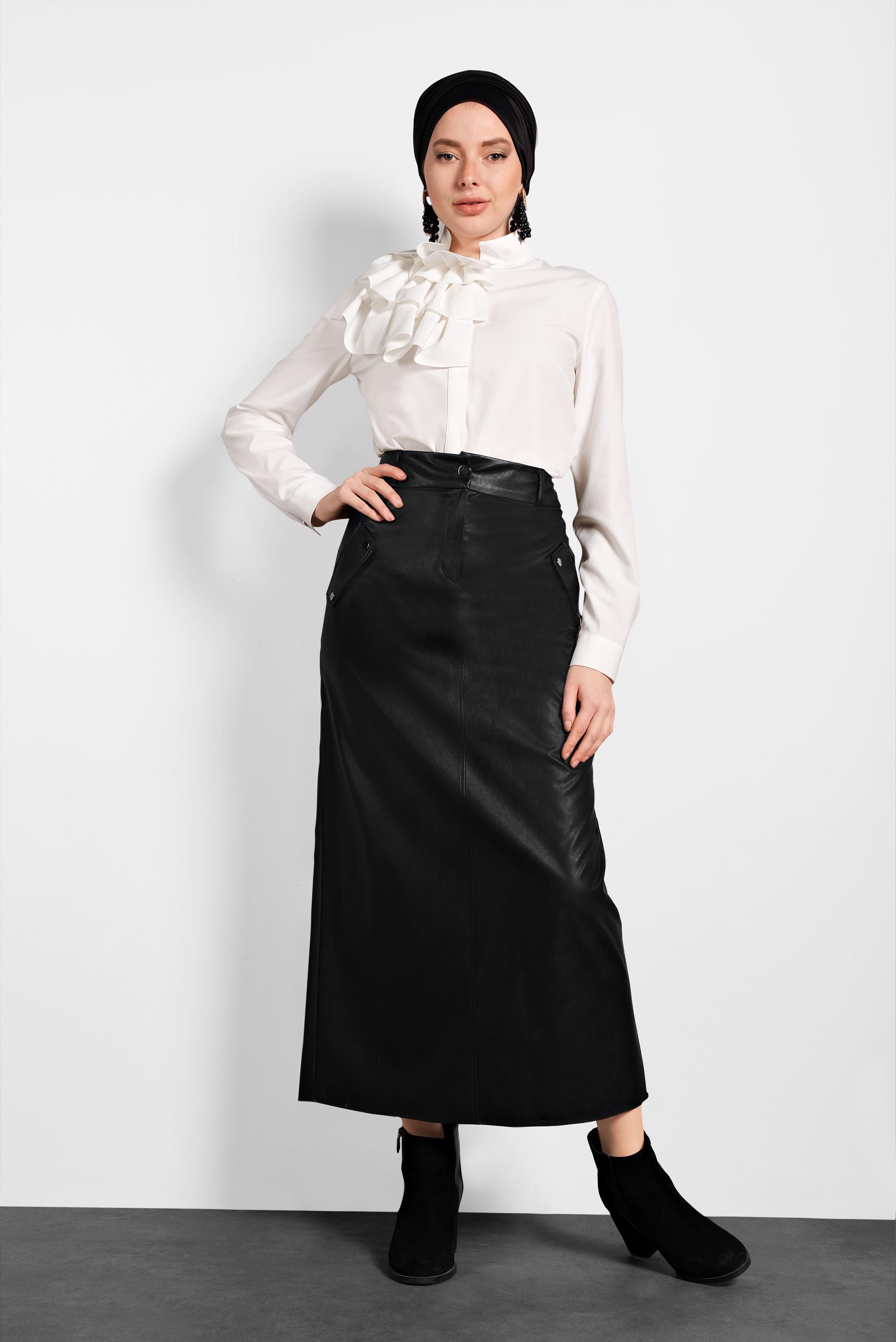 Tesettür giyim SİYAH DÜĞMELİ CEPLİ DERİ ETEK 60038