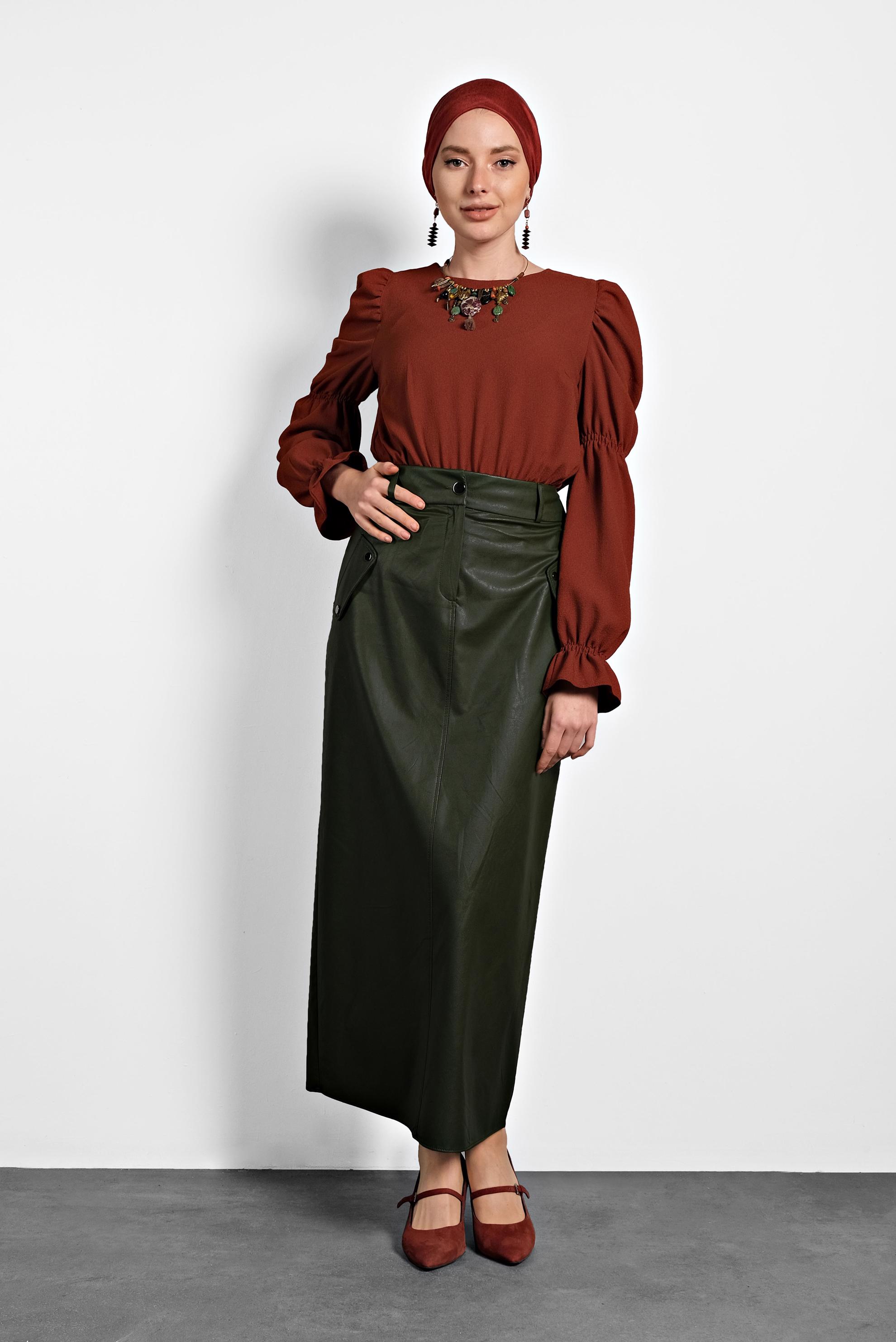 Vêtements hijab KAKI JUPE EN CUIR À BOUTONNÉ AVEC POCHES 60038 