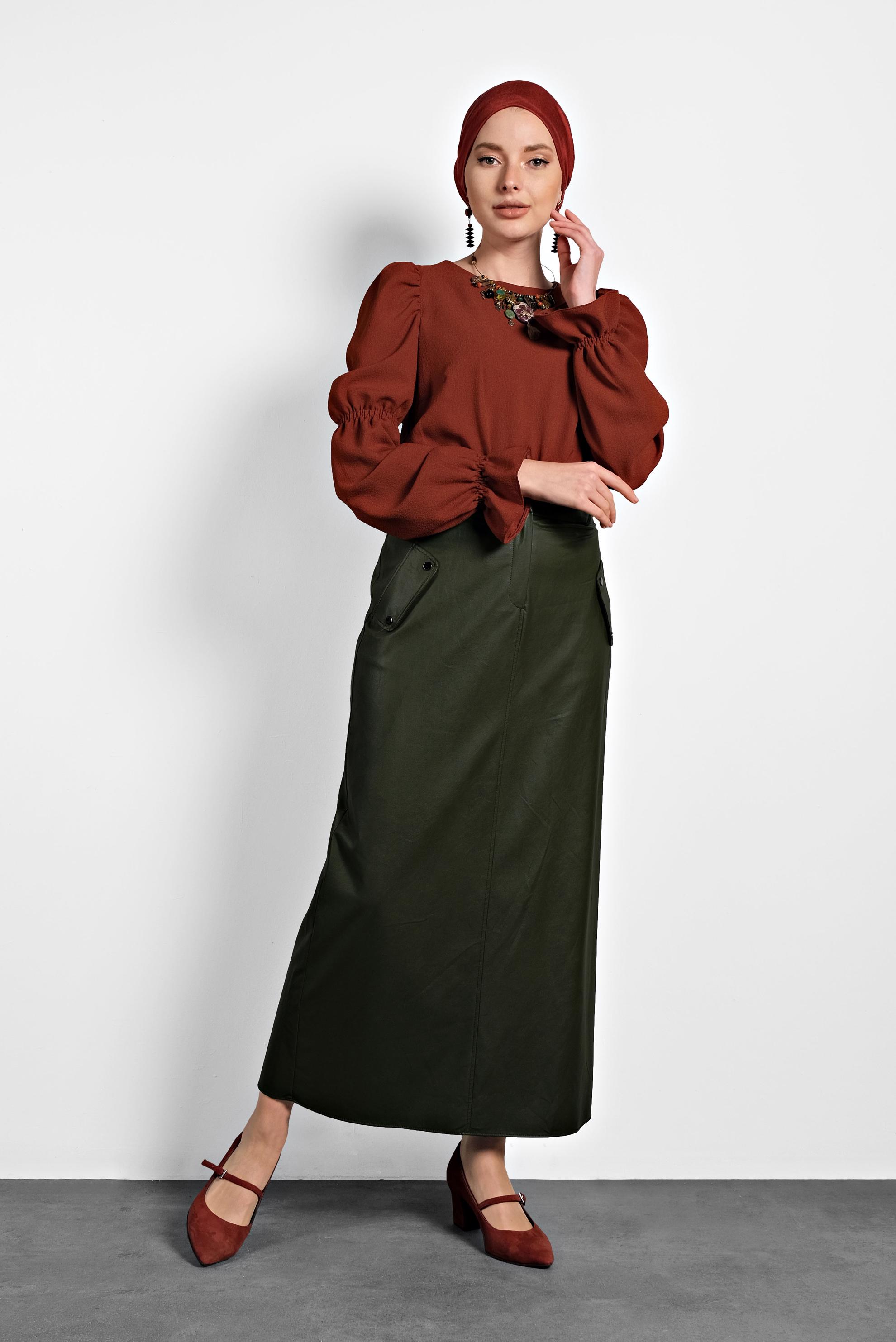 Vêtements hijab KAKI JUPE EN CUIR À BOUTONNÉ AVEC POCHES 60038 