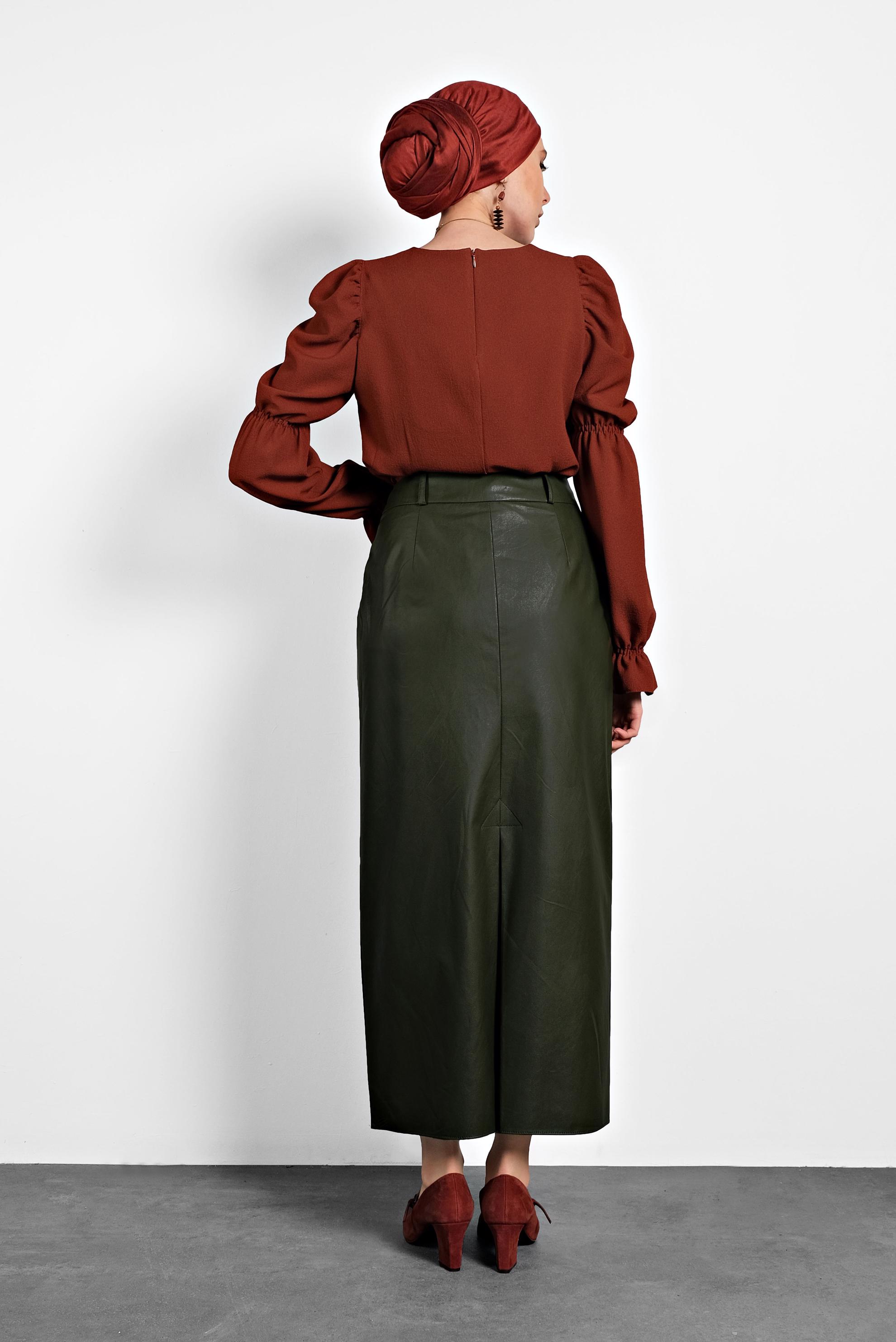 Vêtements hijab KAKI JUPE EN CUIR À BOUTONNÉ AVEC POCHES 60038 