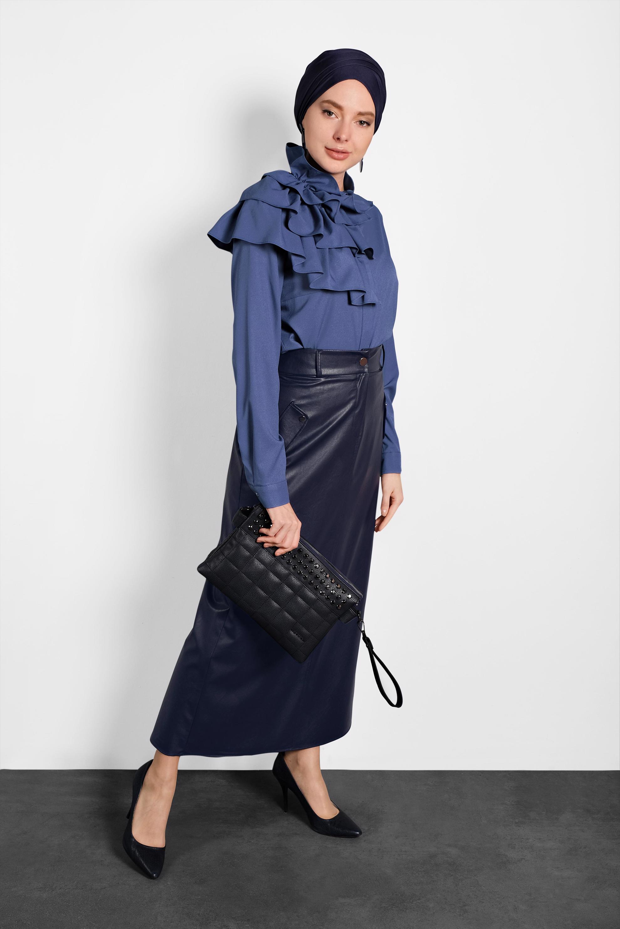 Tesettür giyim LACİVERT DÜĞMELİ CEPLİ DERİ ETEK 60038