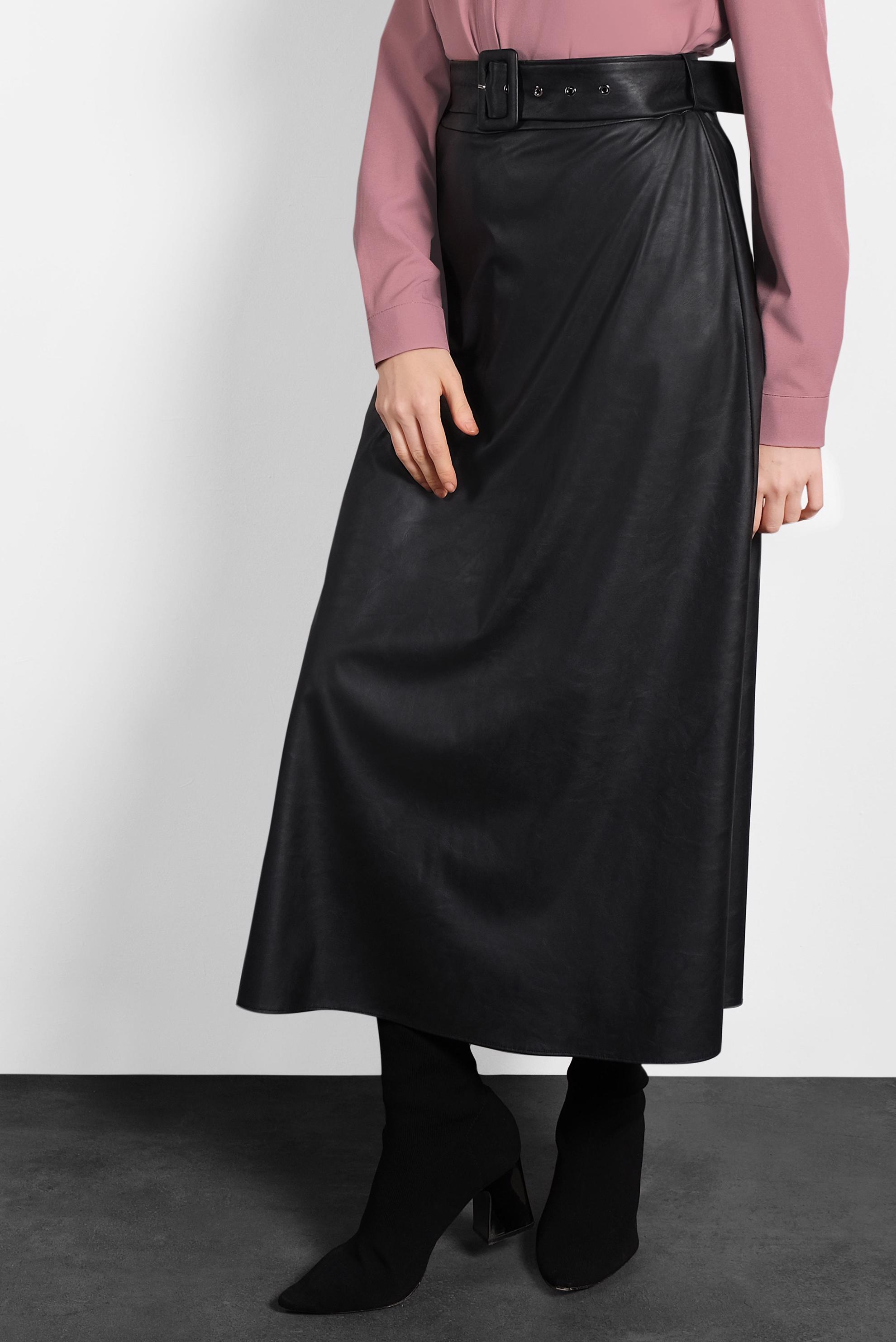 Tesettür giyim SİYAH A KESİM KEMERLİ DERİ ETEK 60043