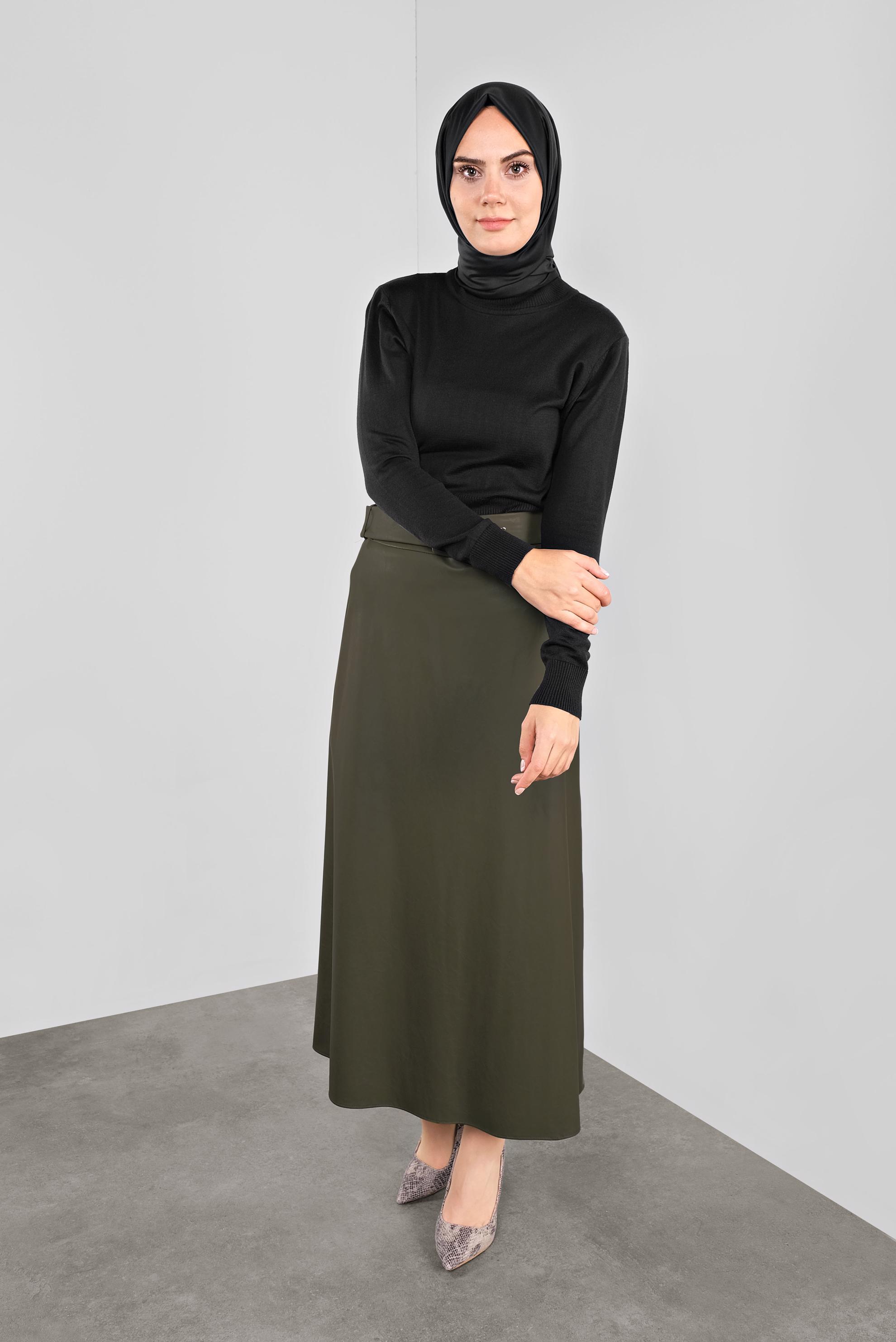 Tesettür giyim HAKİ A KESİM KEMERLİ DERİ ETEK 60043