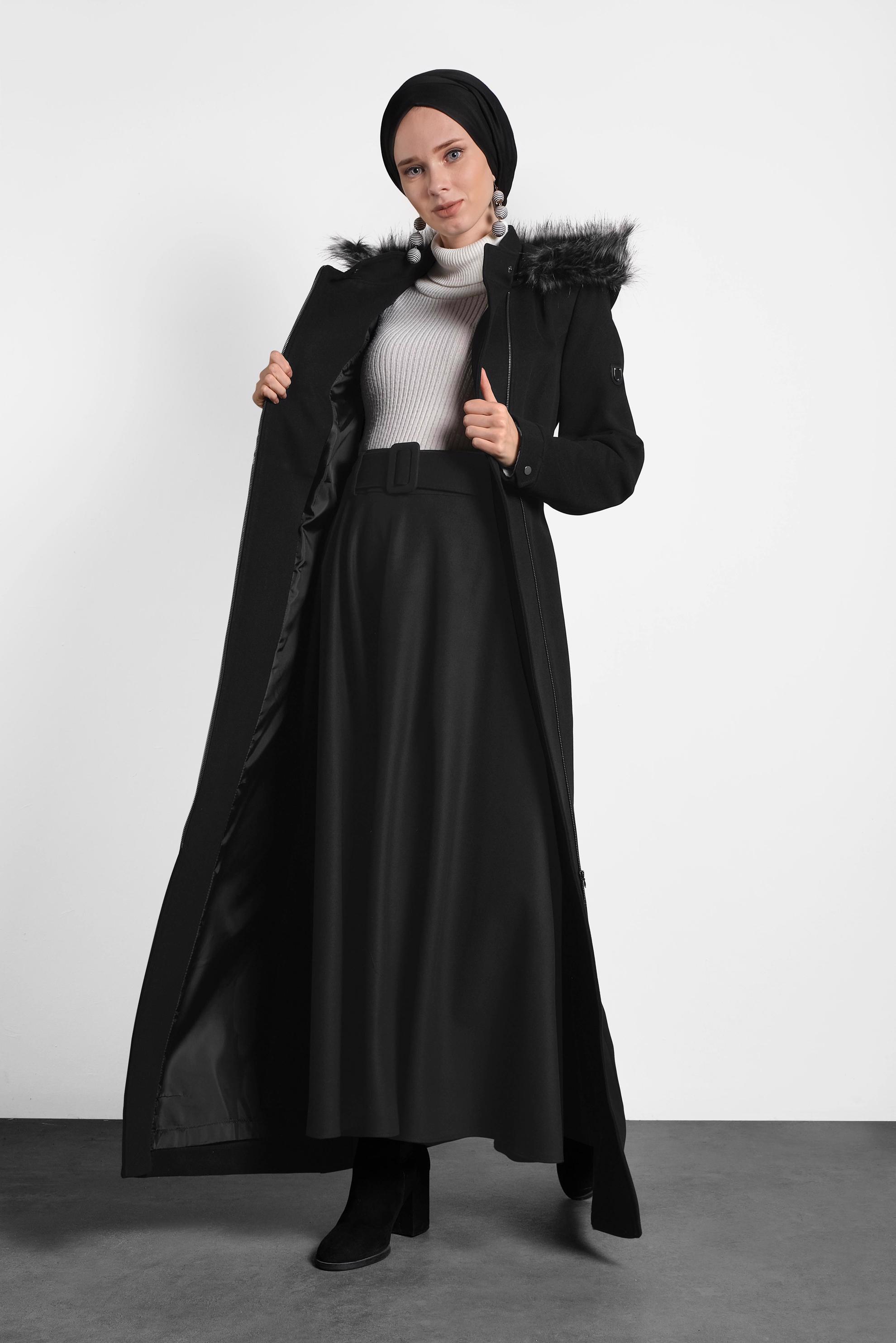 Tesettür giyim SİYAH KEMERLİ ÇAN ETEK 60045 