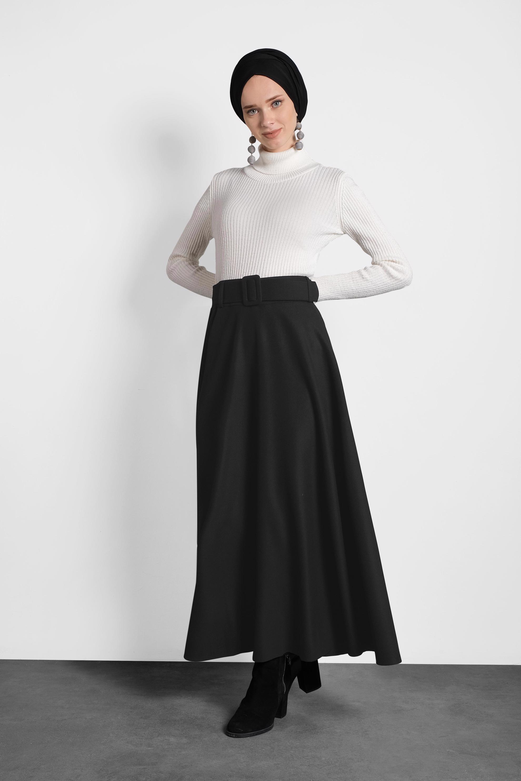 Tesettür giyim SİYAH KEMERLİ ÇAN ETEK 60045 