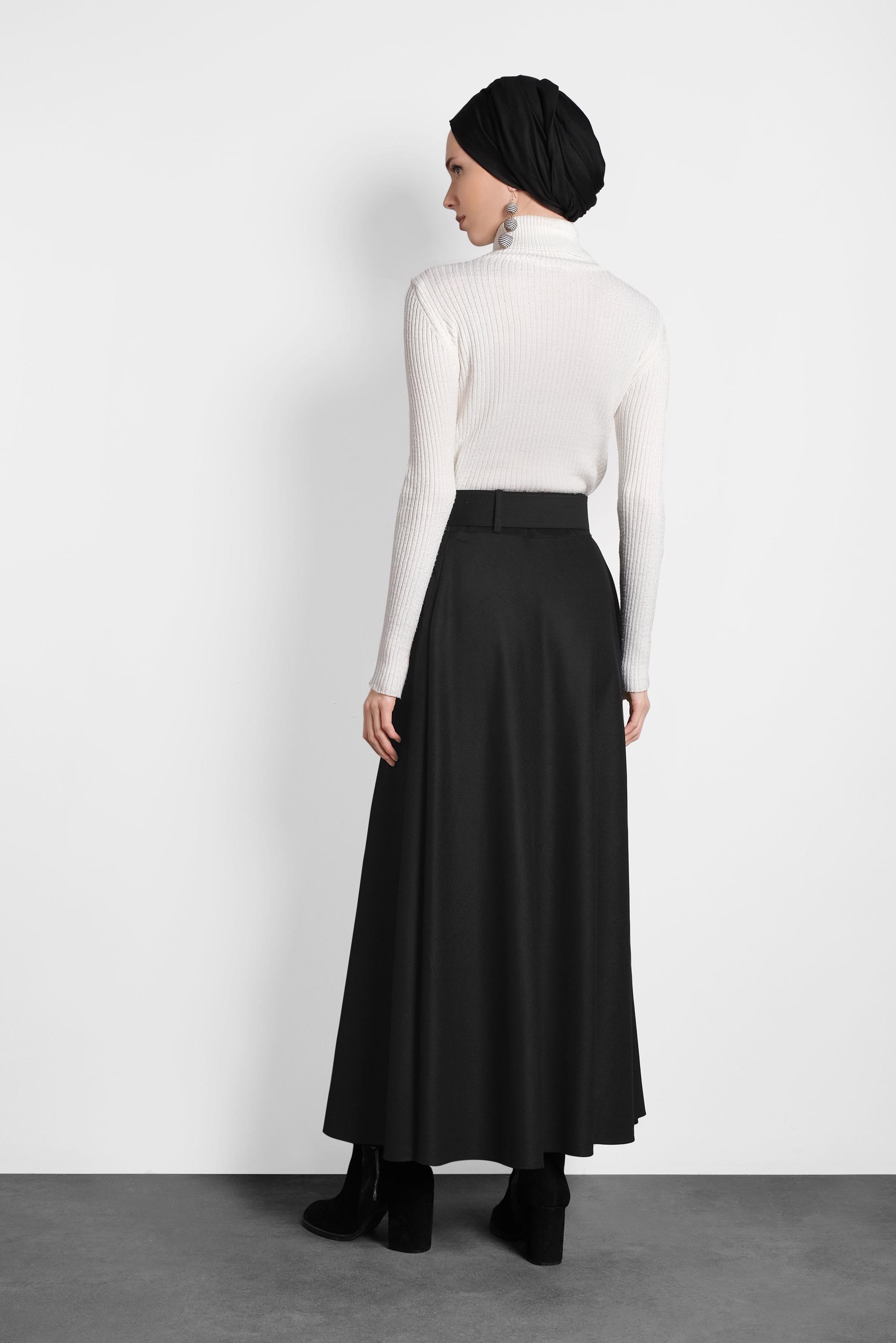 Tesettür giyim SİYAH KEMERLİ ÇAN ETEK 60045 