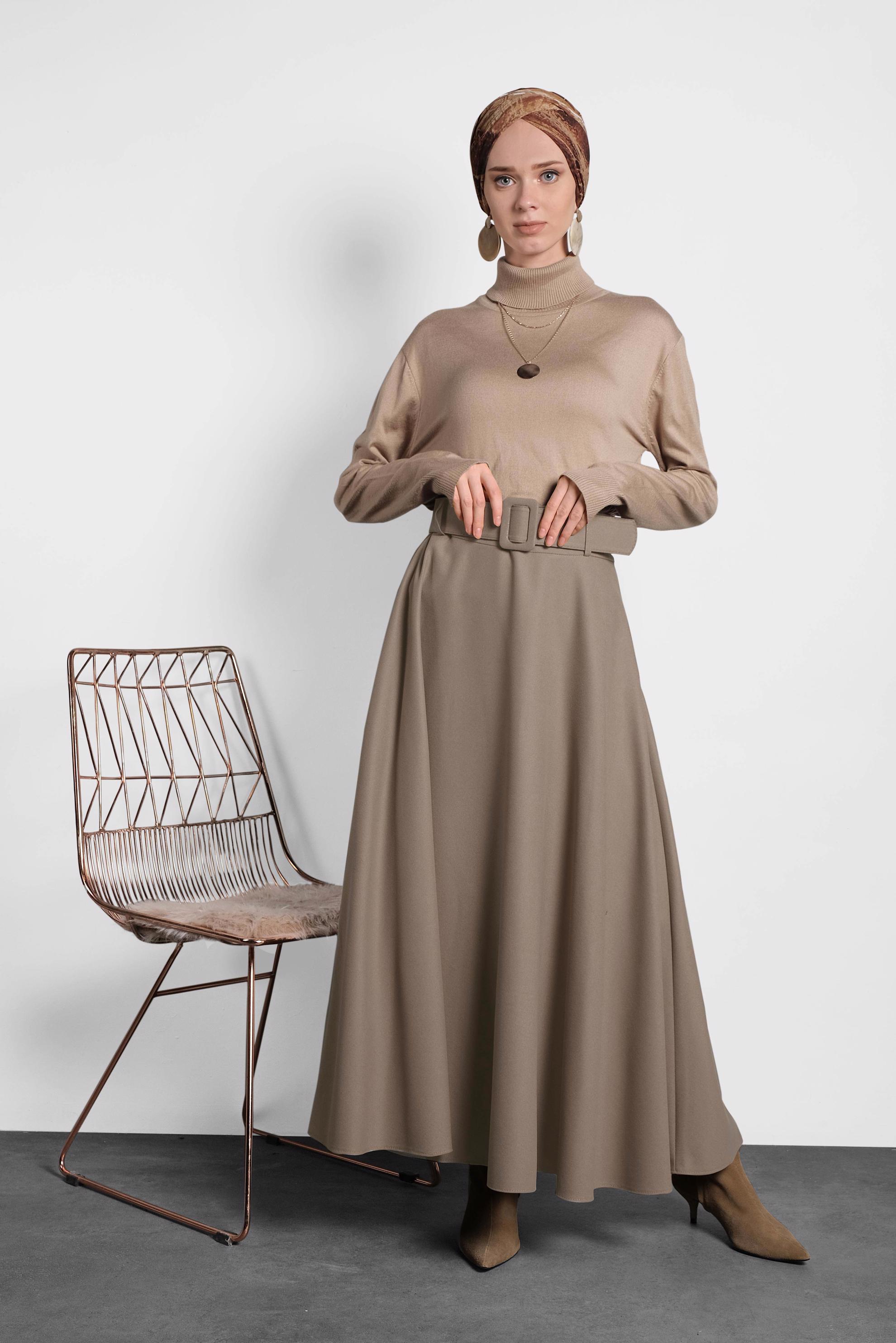 Tesettür giyim BEJ KEMERLİ ÇAN ETEK 60045 