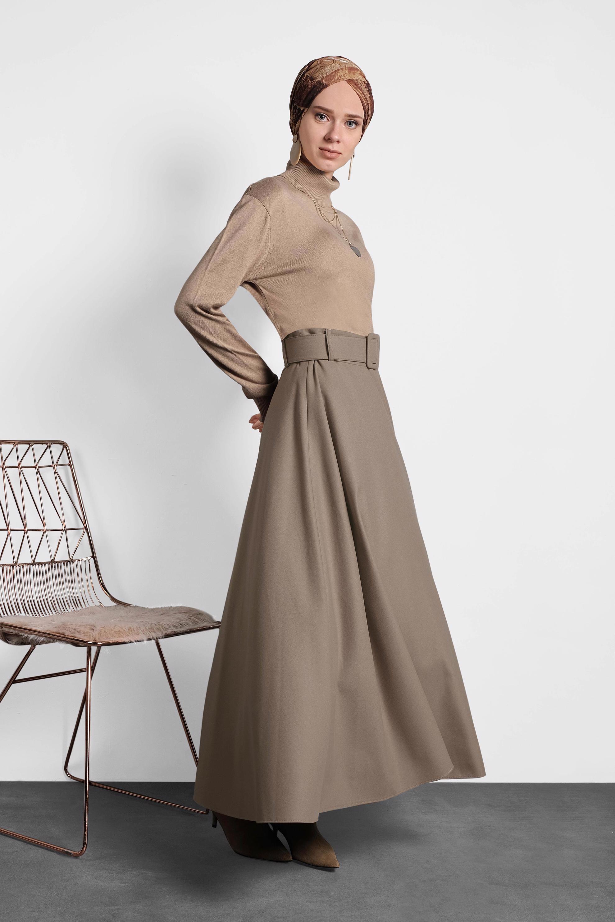 Tesettür giyim BEJ KEMERLİ ÇAN ETEK 60045 