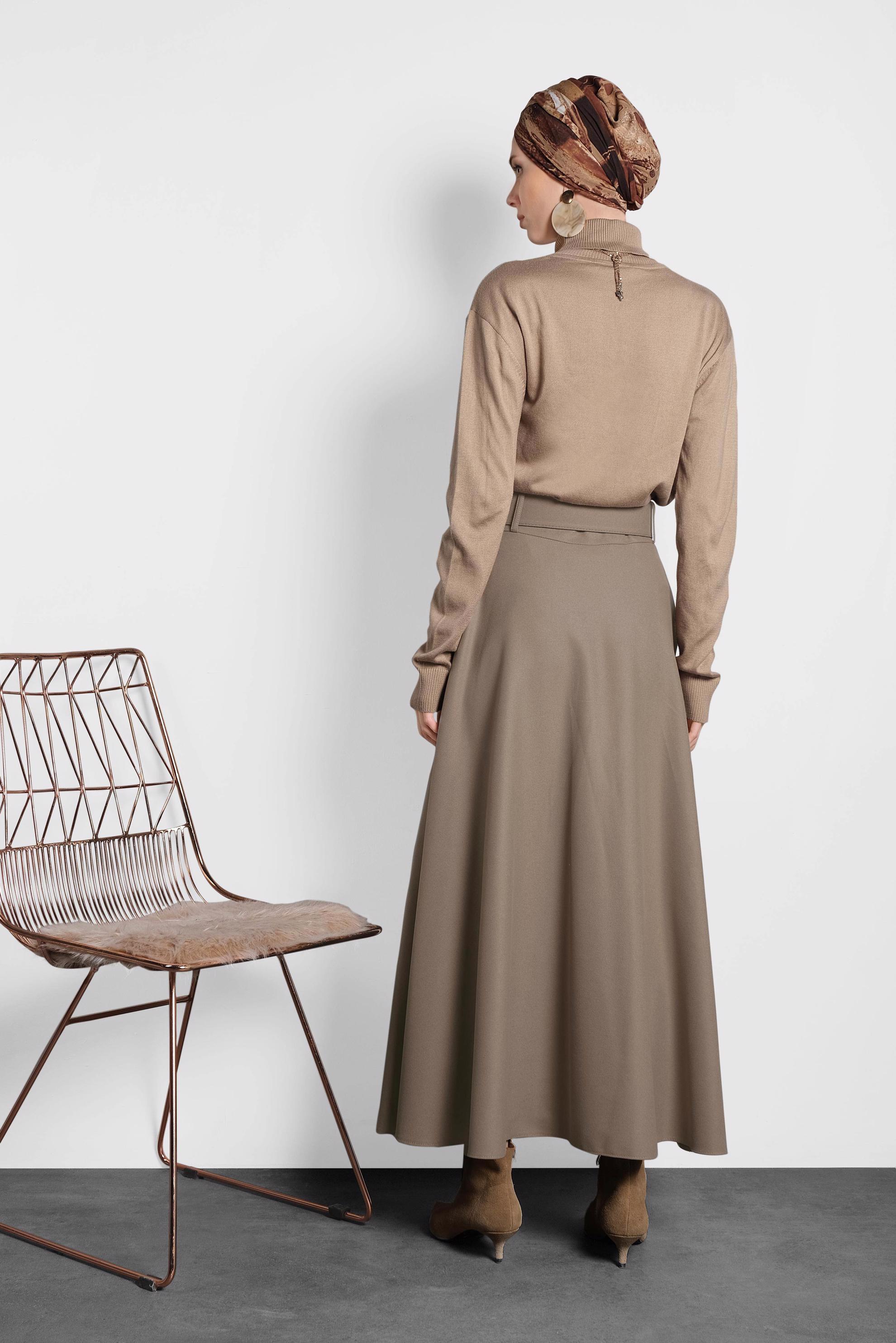 Tesettür giyim BEJ KEMERLİ ÇAN ETEK 60045 