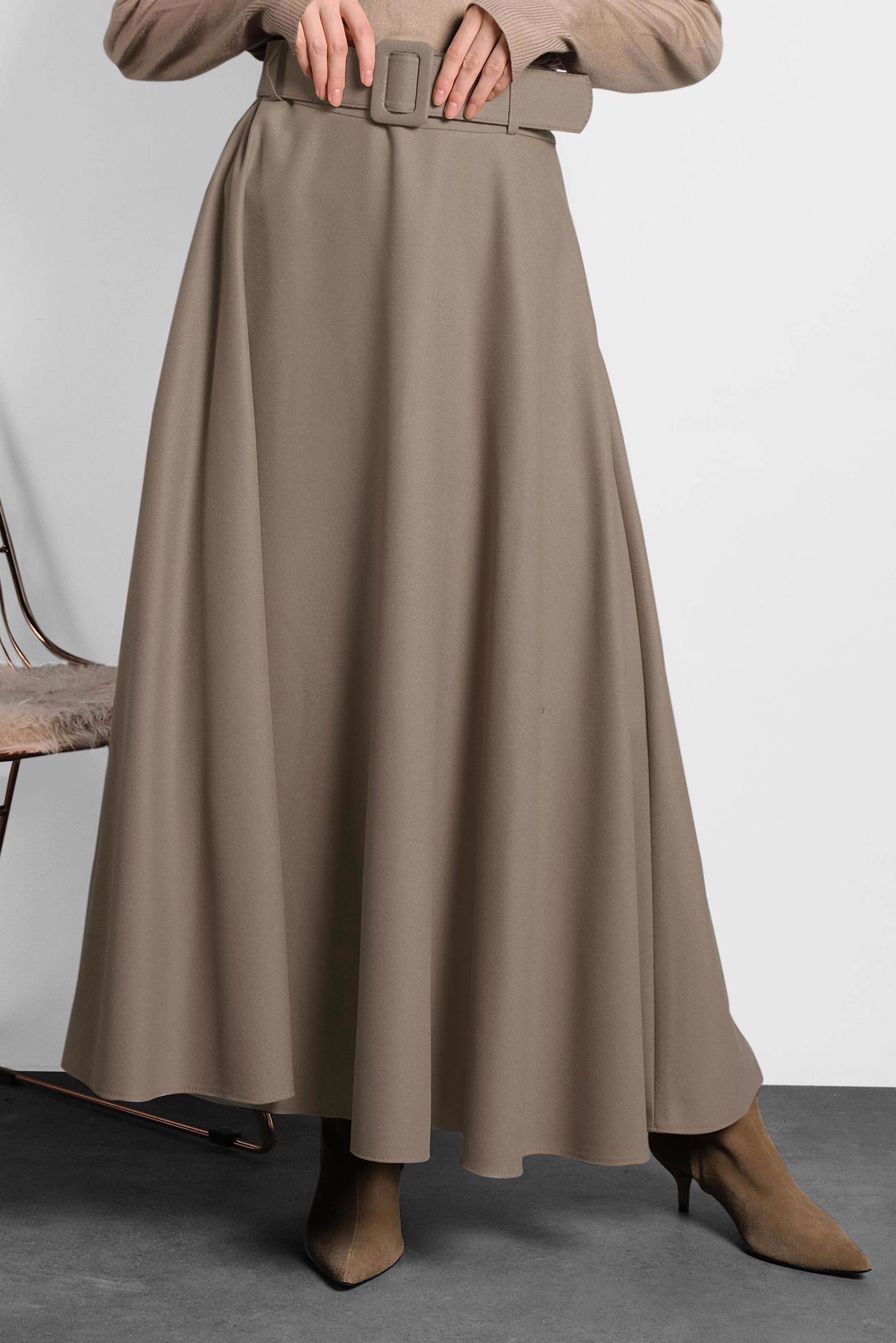 Tesettür giyim BEJ KEMERLİ ÇAN ETEK 60045 