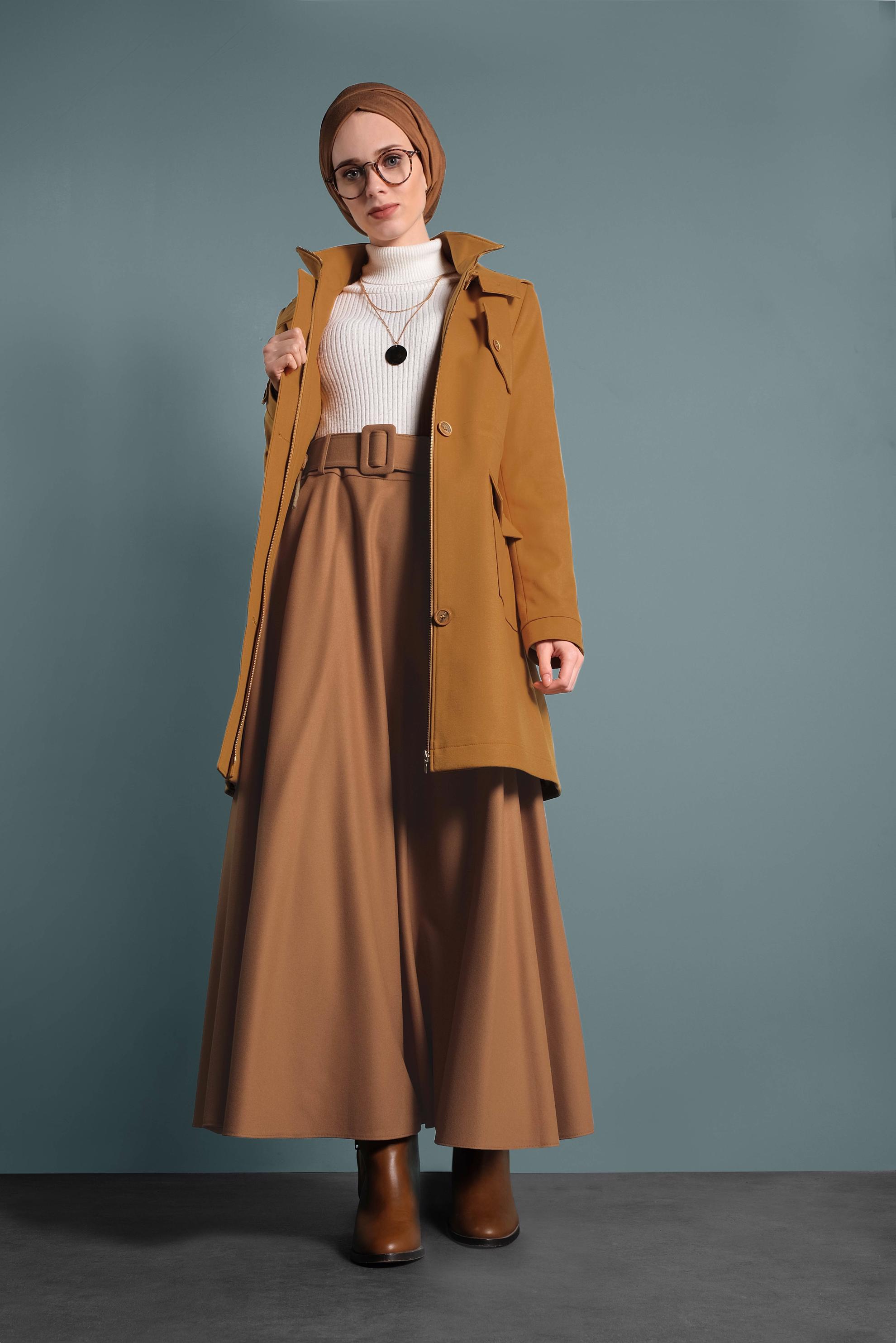 Tesettür giyim TABA KEMERLİ ÇAN ETEK 60045 