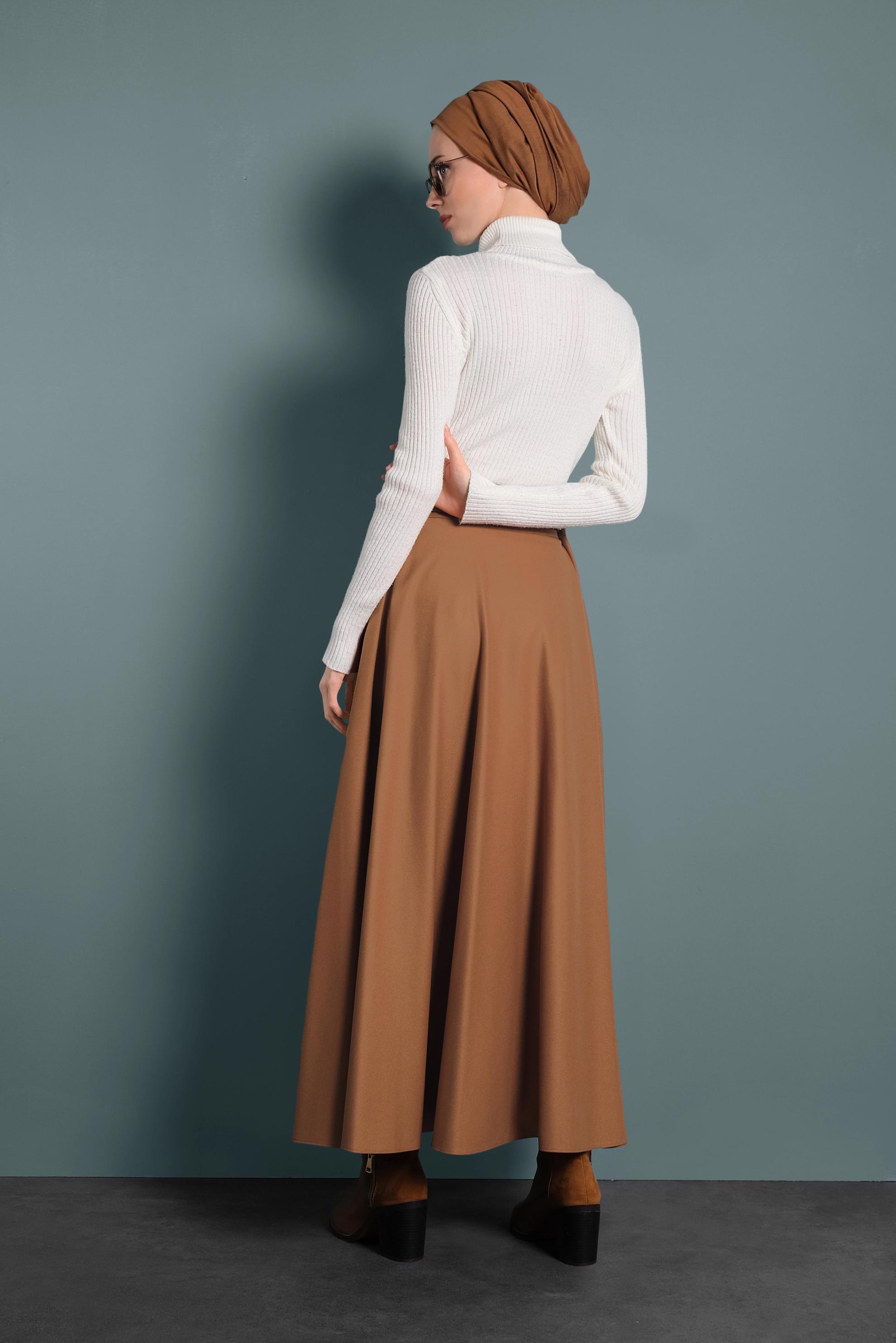 Tesettür giyim TABA KEMERLİ ÇAN ETEK 60045 