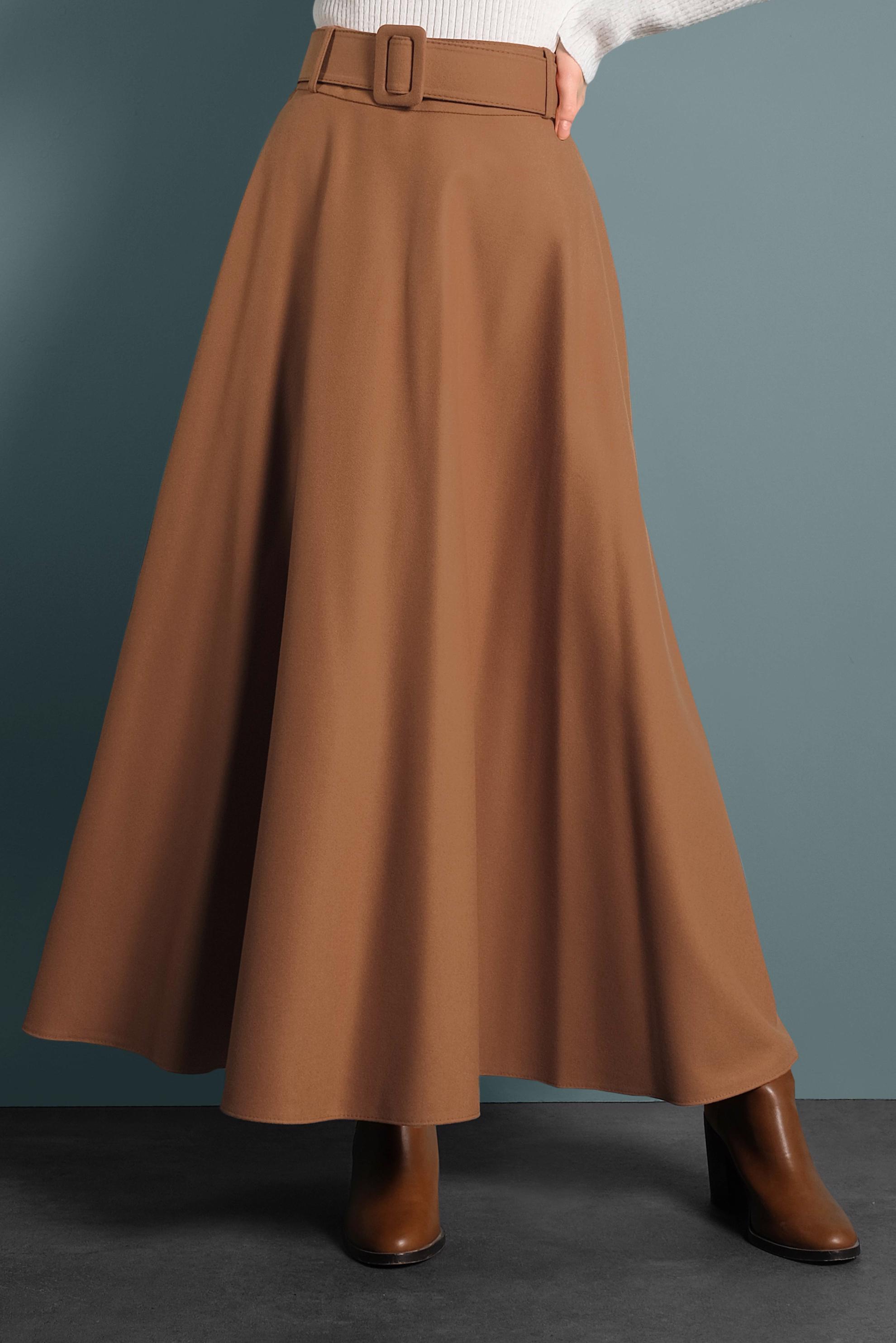 Tesettür giyim TABA KEMERLİ ÇAN ETEK 60045 