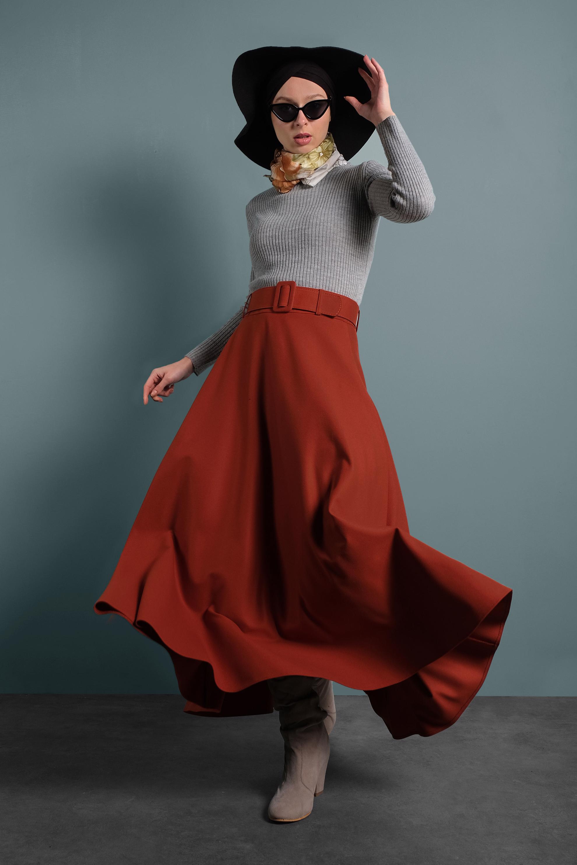 Tesettür giyim TURUNCU KEMERLİ ÇAN ETEK 60045 