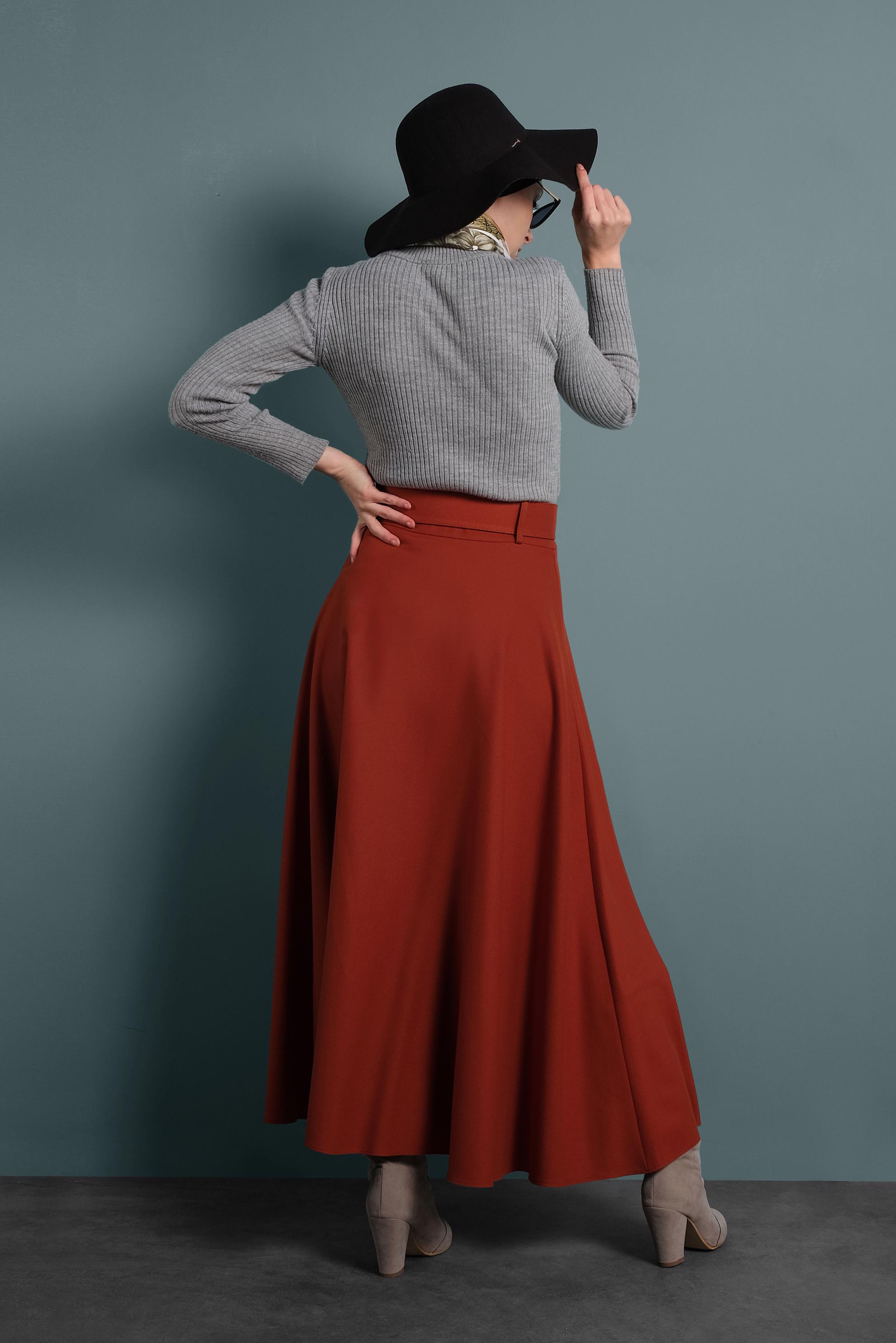 Tesettür giyim TURUNCU KEMERLİ ÇAN ETEK 60045 