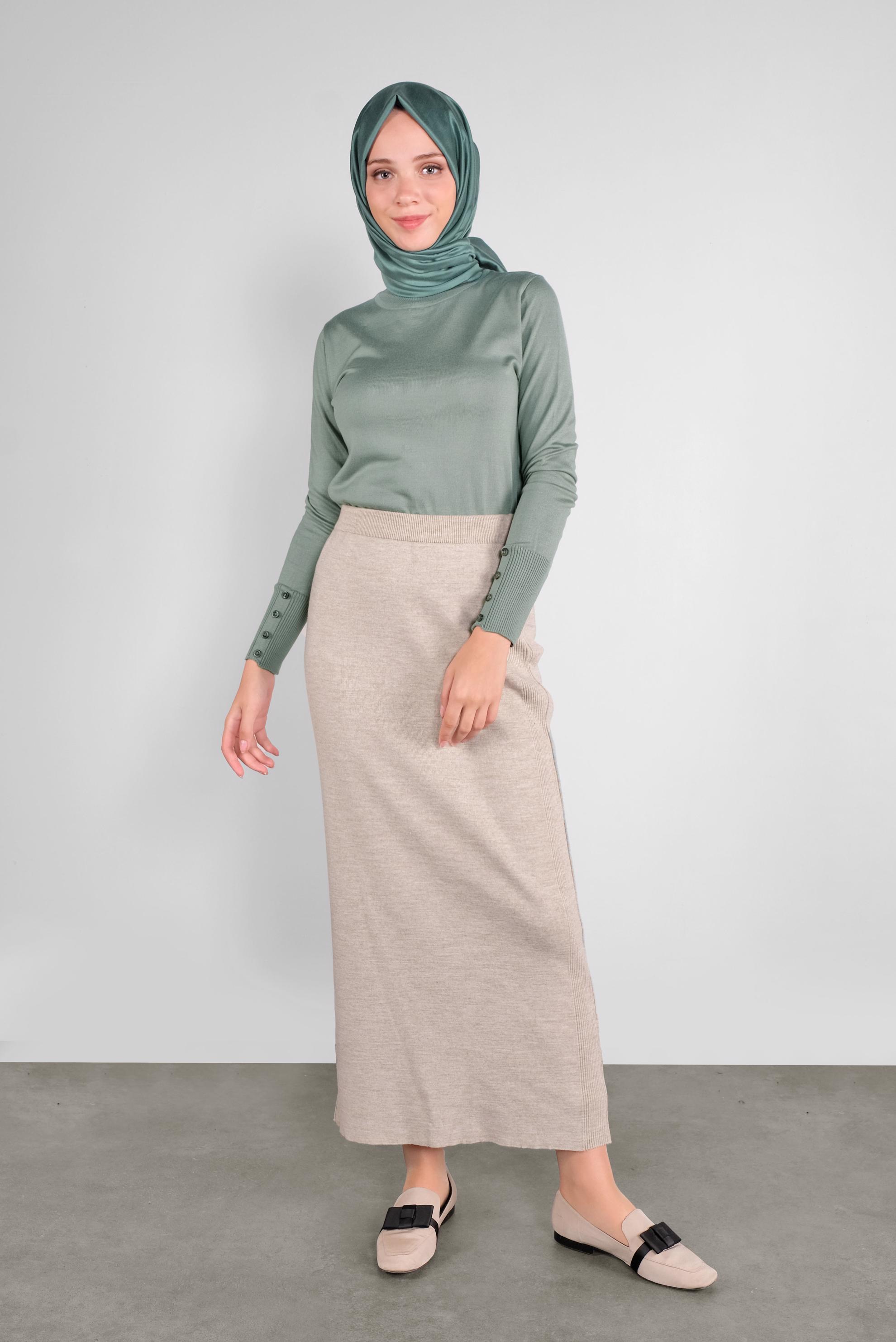 Tesettür giyim BEJ DÜZ TRİKO ETEK 60102 