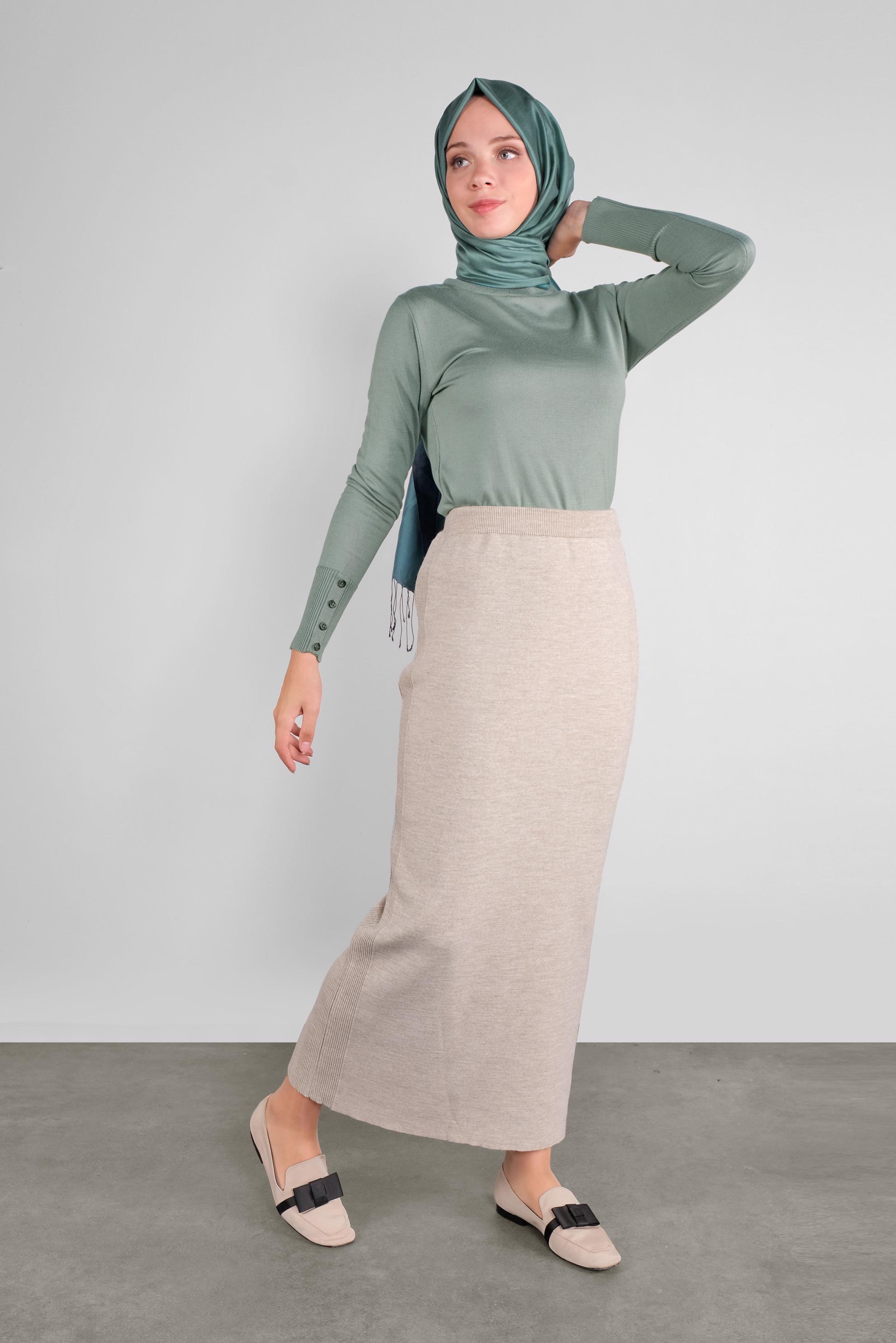 Tesettür giyim BEJ DÜZ TRİKO ETEK 60102 