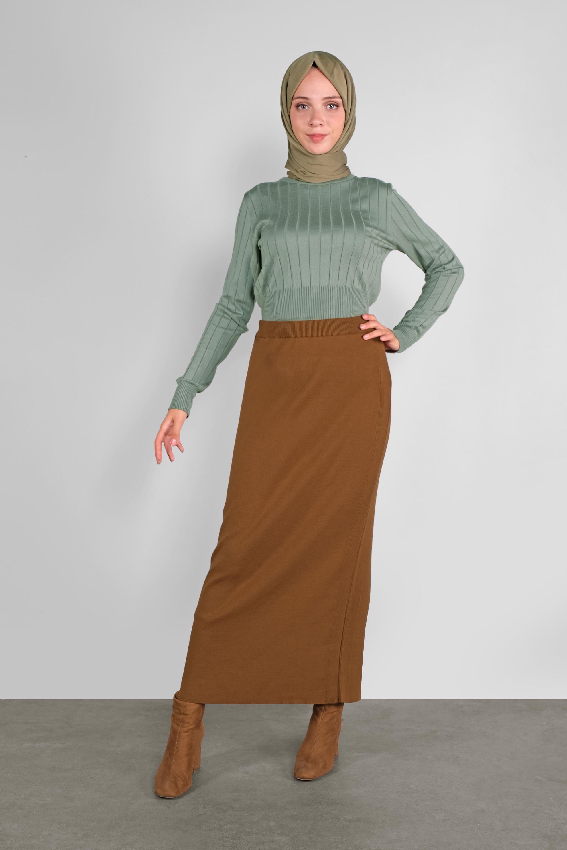 Tesettür giyim KAHVE DÜZ TRİKO ETEK 60102 