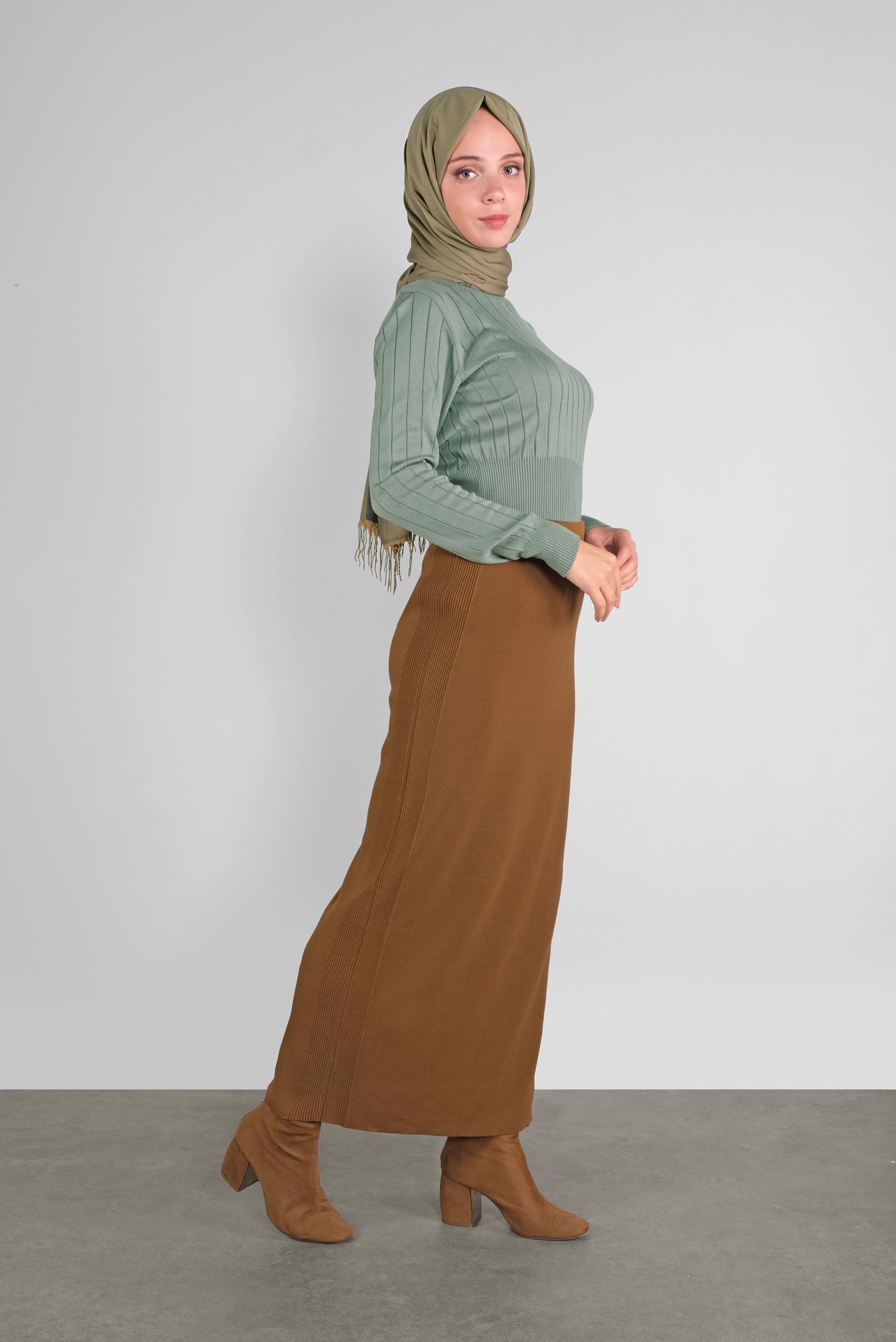 Tesettür giyim KAHVE DÜZ TRİKO ETEK 60102 