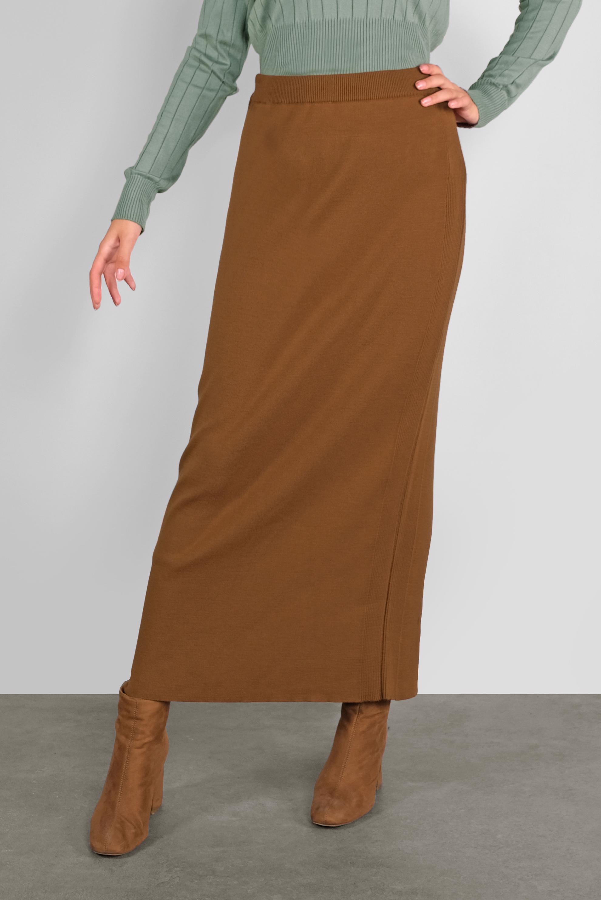 Tesettür giyim KAHVE DÜZ TRİKO ETEK 60102 