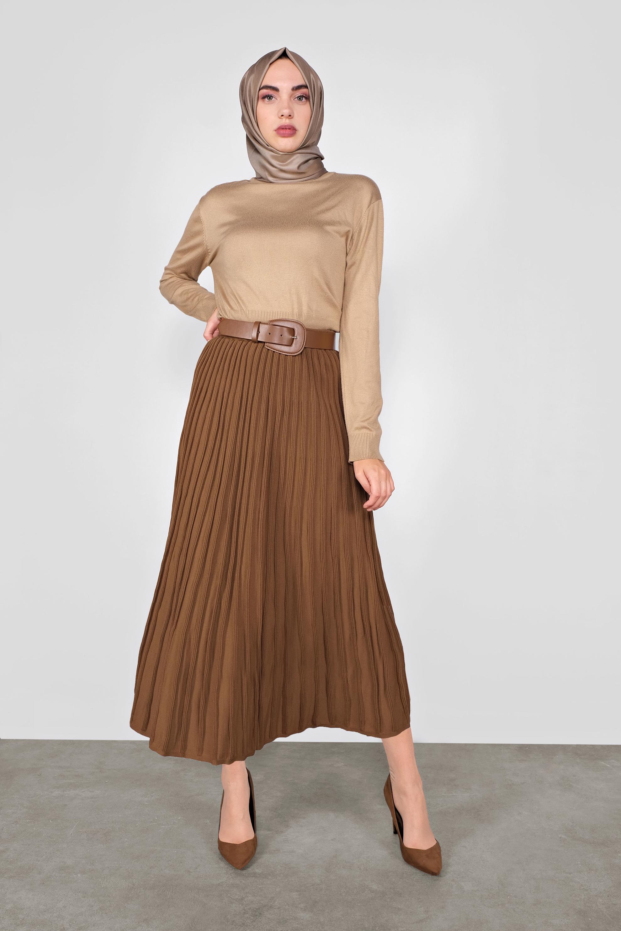 Tesettür giyim KAHVE FİTİLLİ TRİKO ETEK  60104 