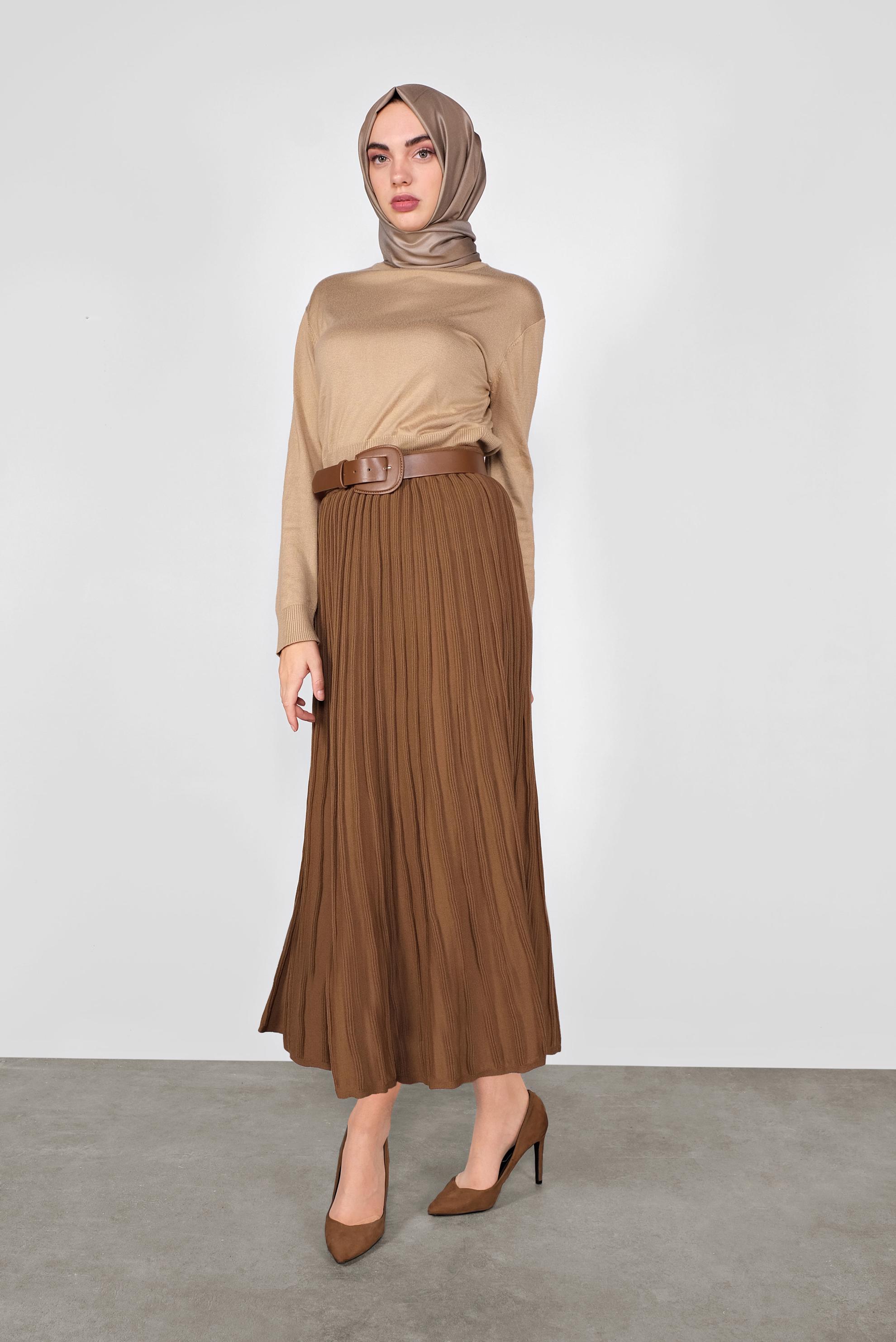 Tesettür giyim KAHVE FİTİLLİ TRİKO ETEK  60104 
