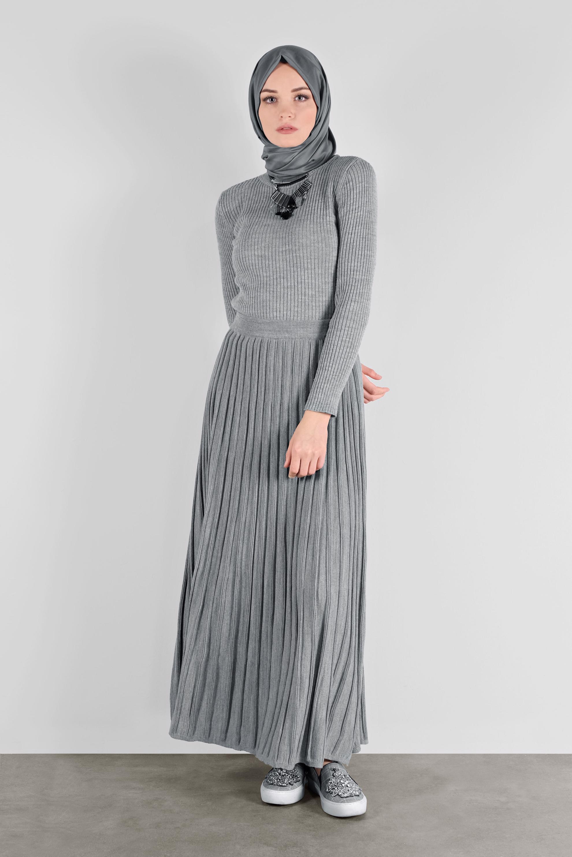 Tesettür giyim GRİ FİTİLLİ TRİKO ETEK  60104 