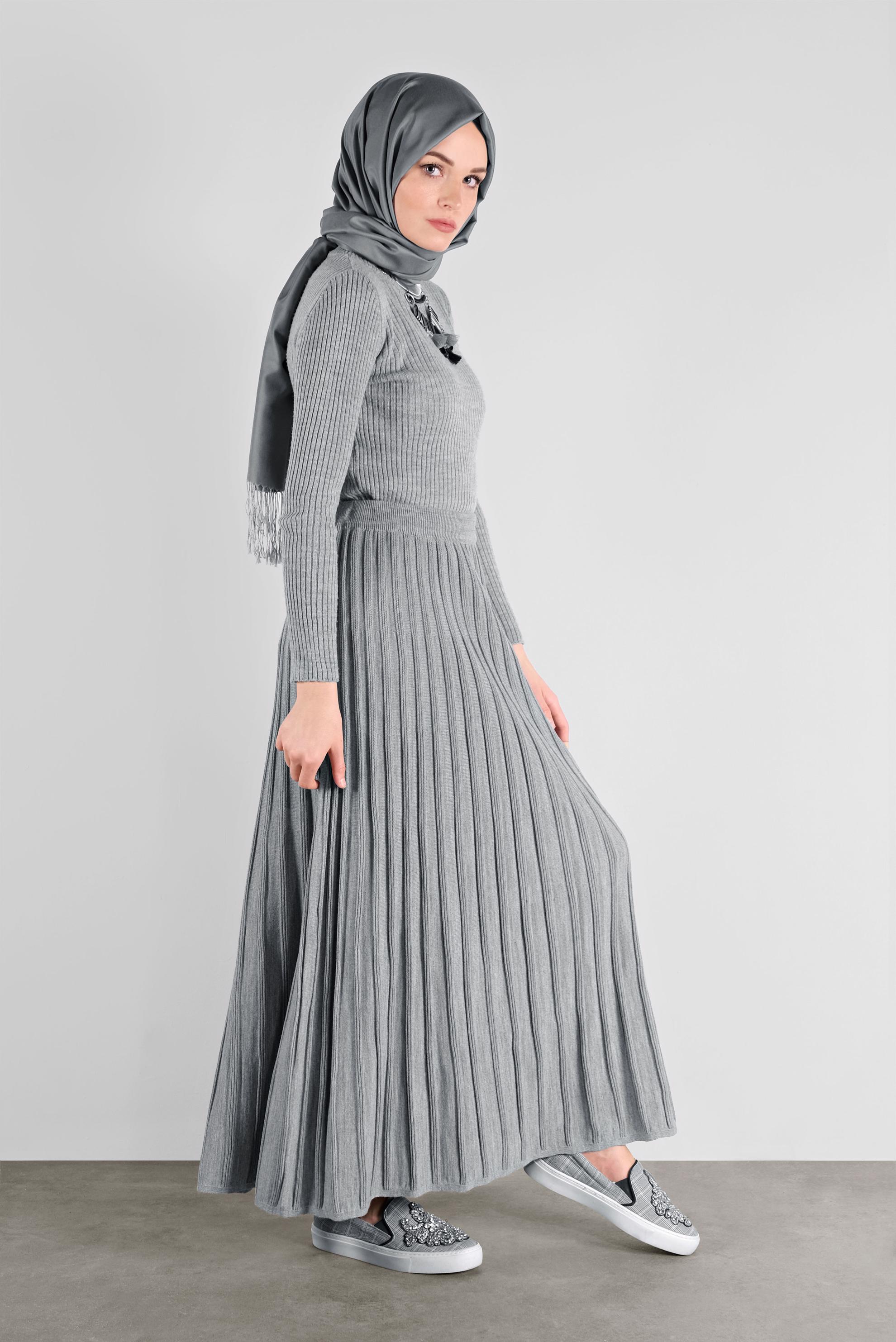 Tesettür giyim GRİ FİTİLLİ TRİKO ETEK  60104 