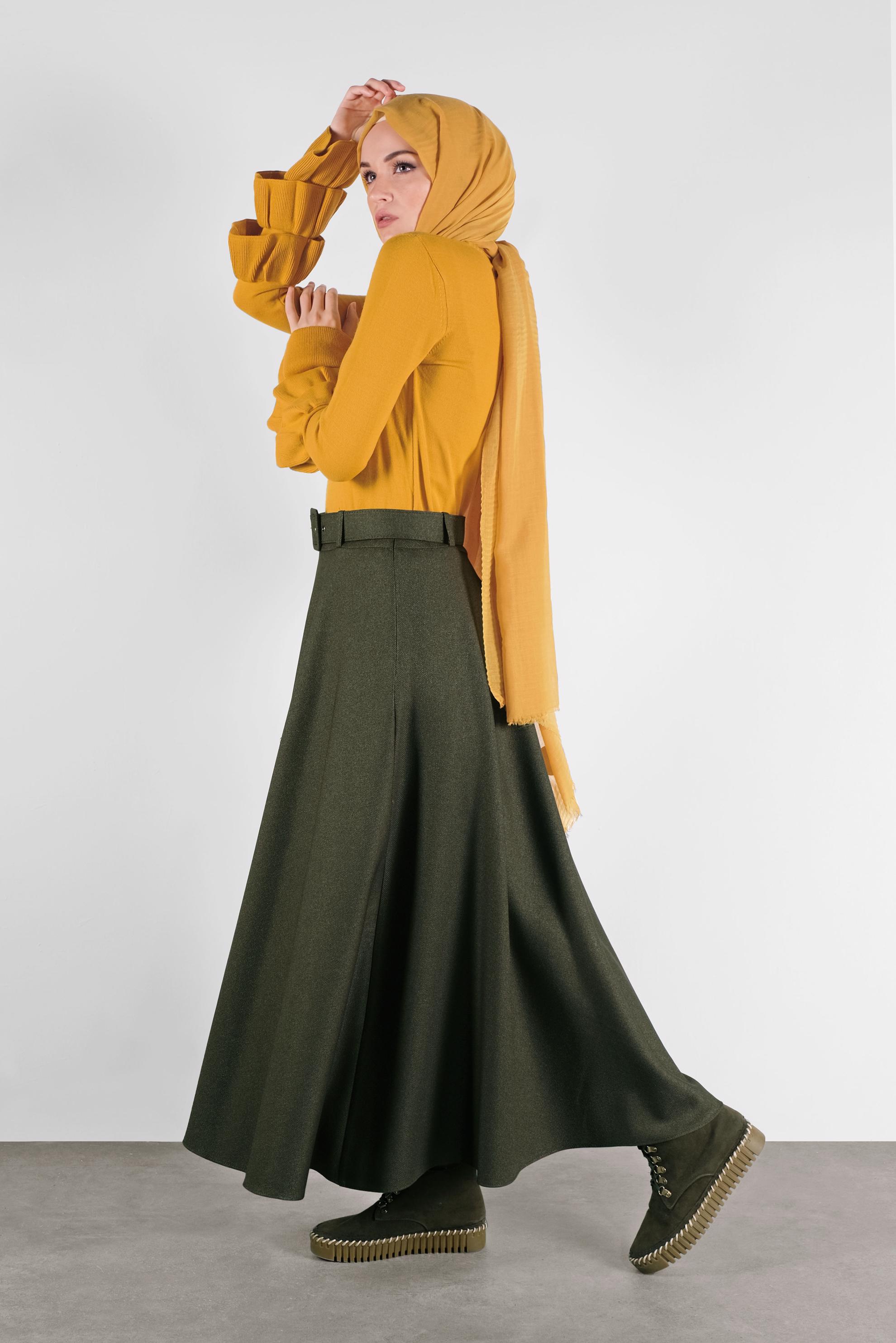 Tesettür giyim HAKİ GENİŞ KESİM ETEK 60105 