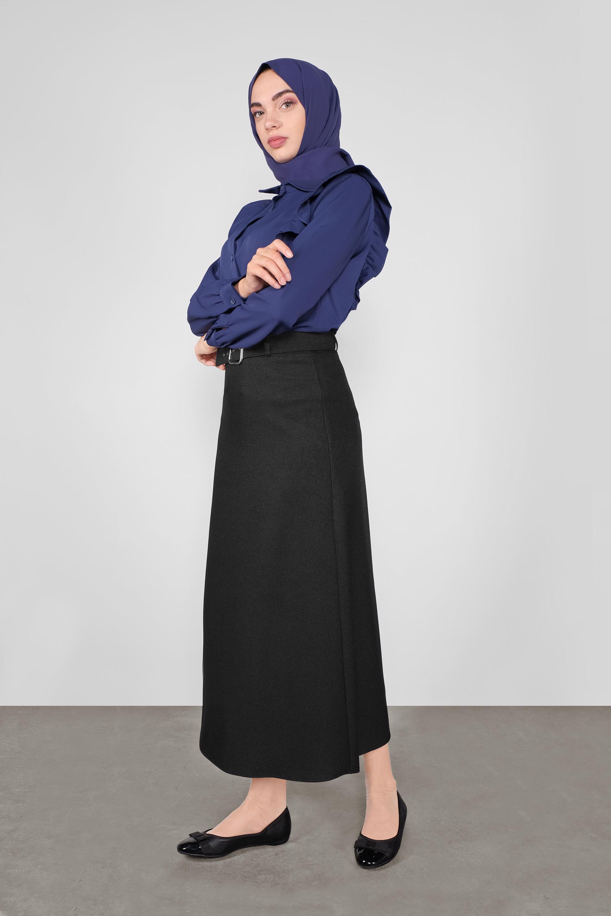 Tesettür giyim SİYAH KEMERLİ KLASİK ETEK 60106