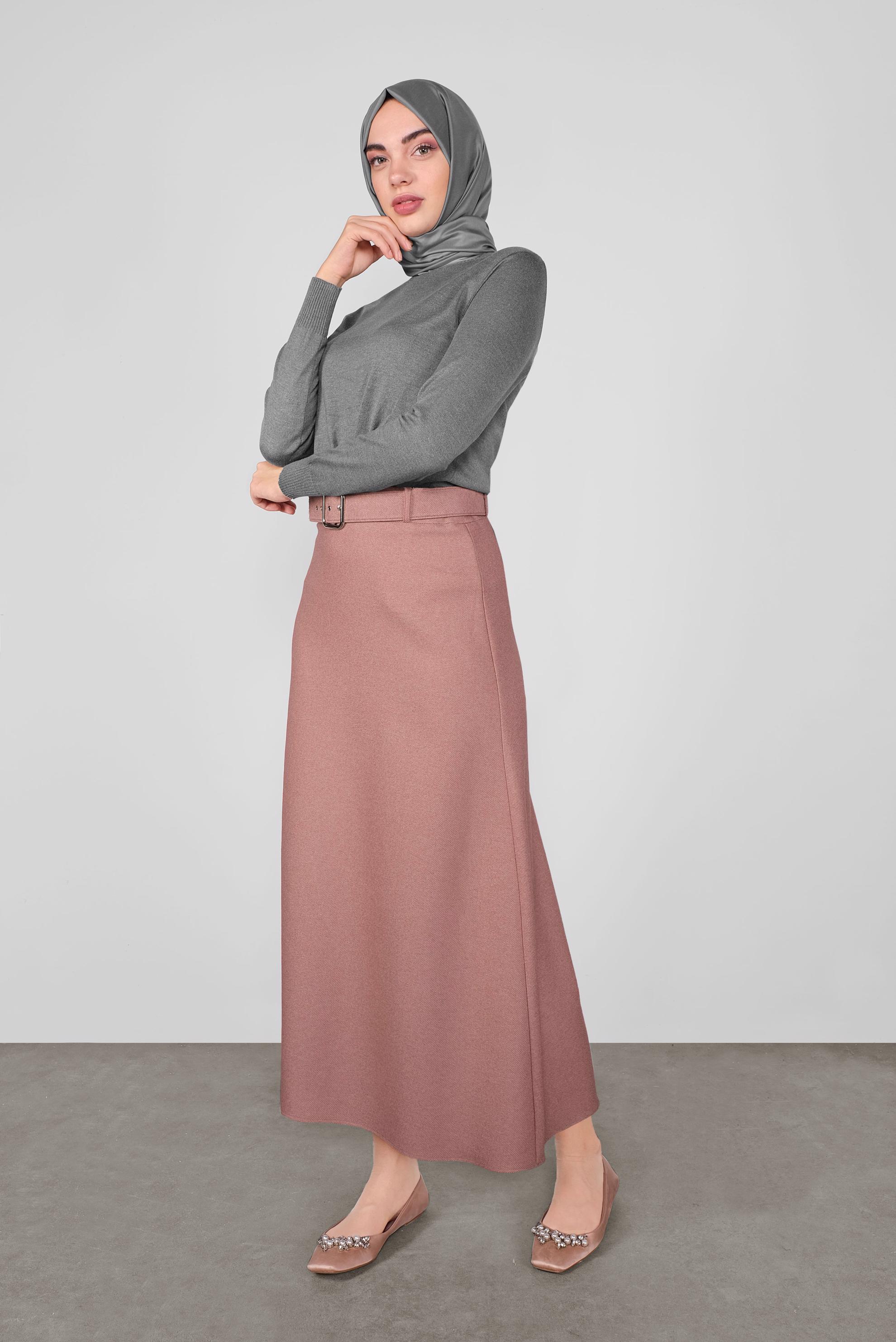 Tesettür giyim PUDRA KEMERLİ KLASİK ETEK 60106