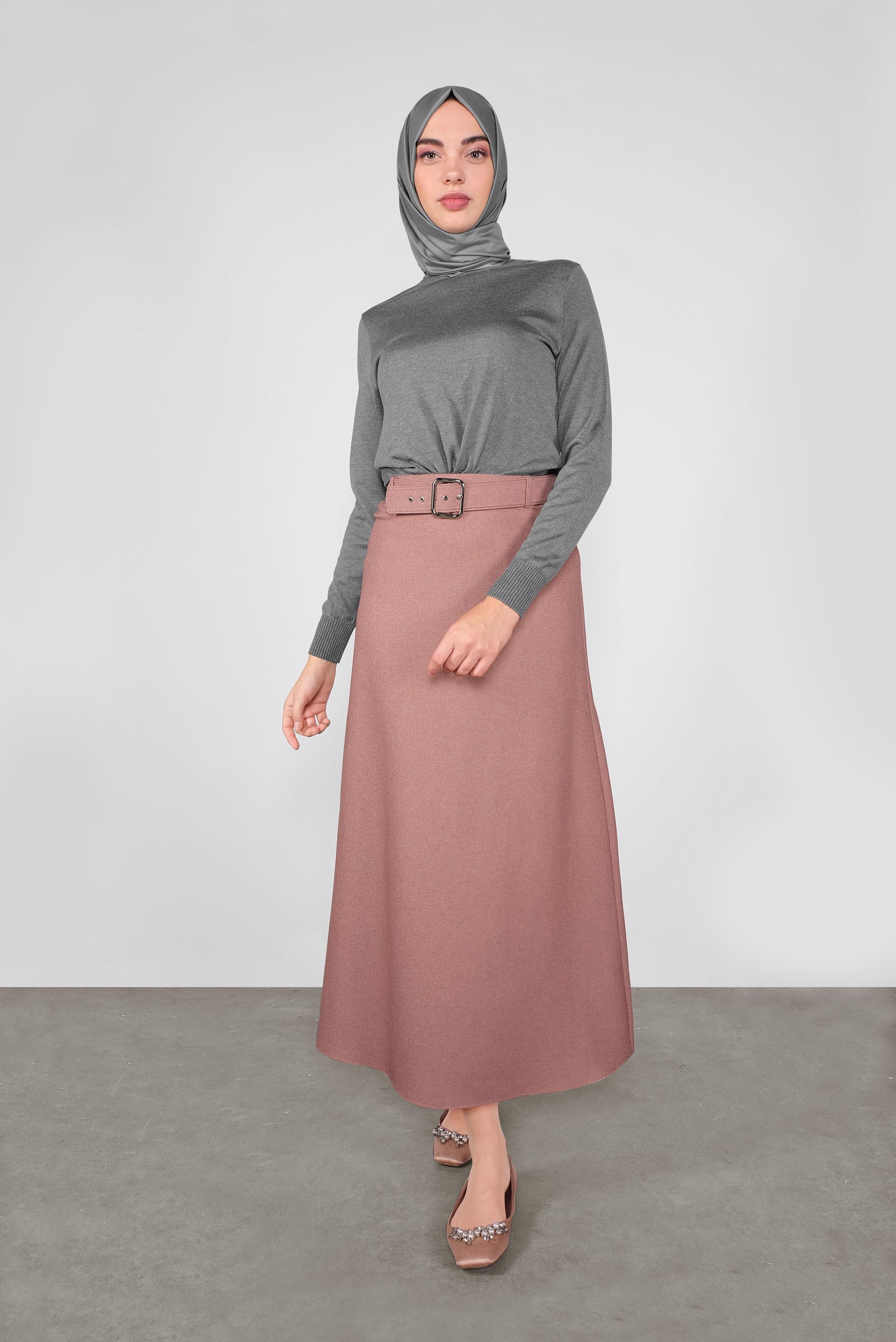 Tesettür giyim PUDRA KEMERLİ KLASİK ETEK 60106