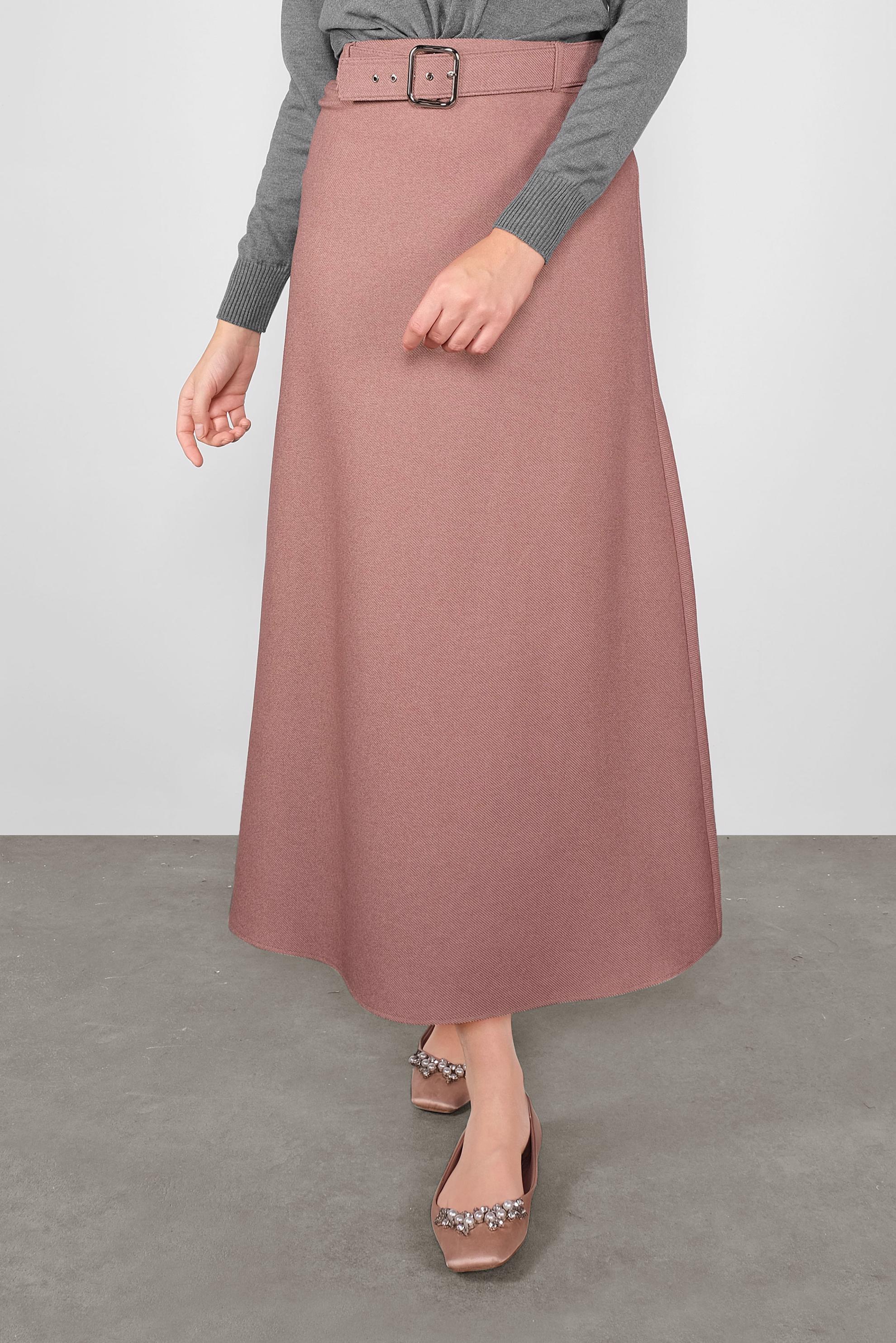 Tesettür giyim PUDRA KEMERLİ KLASİK ETEK 60106