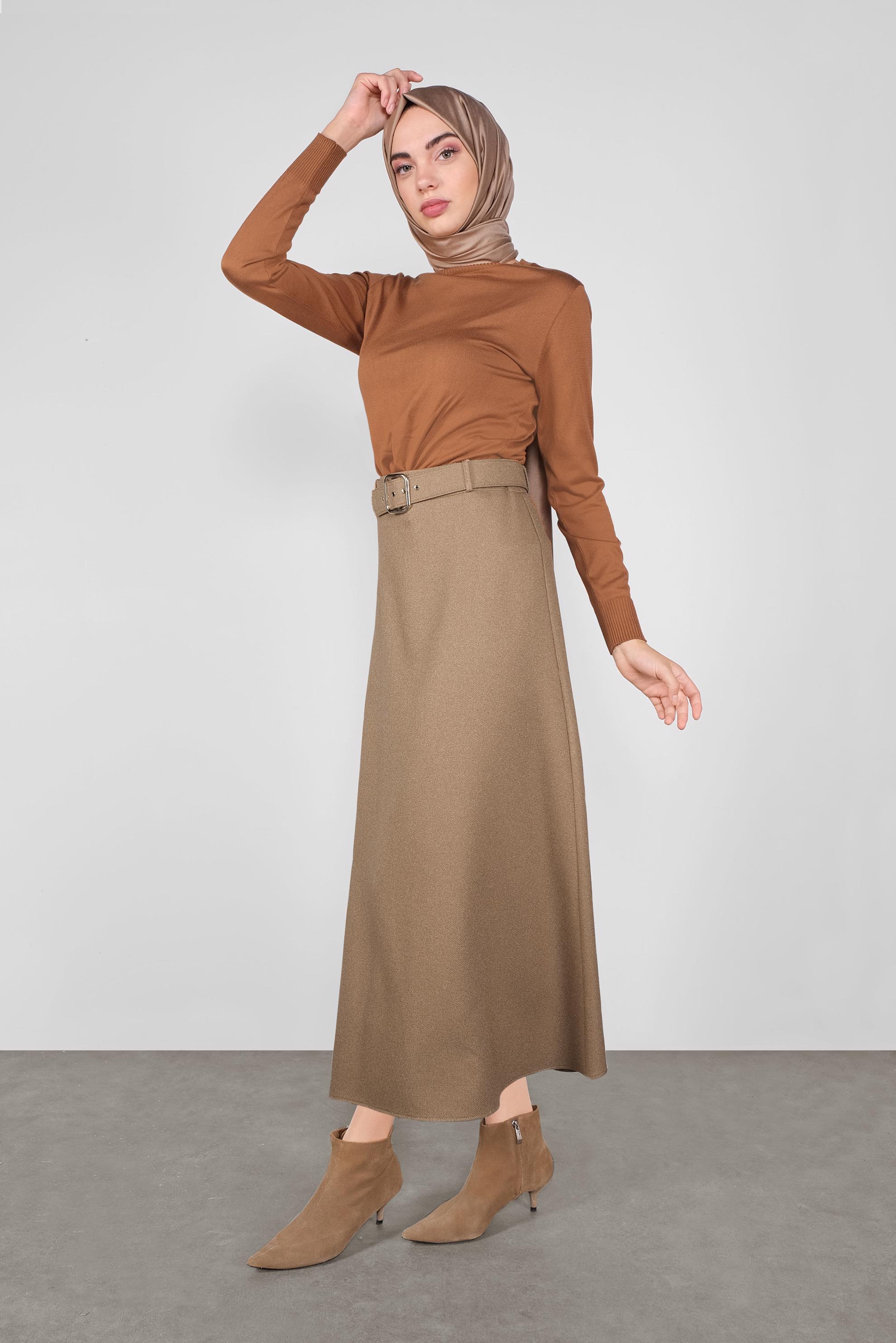 Tesettür giyim TABA KEMERLİ KLASİK ETEK 60106
