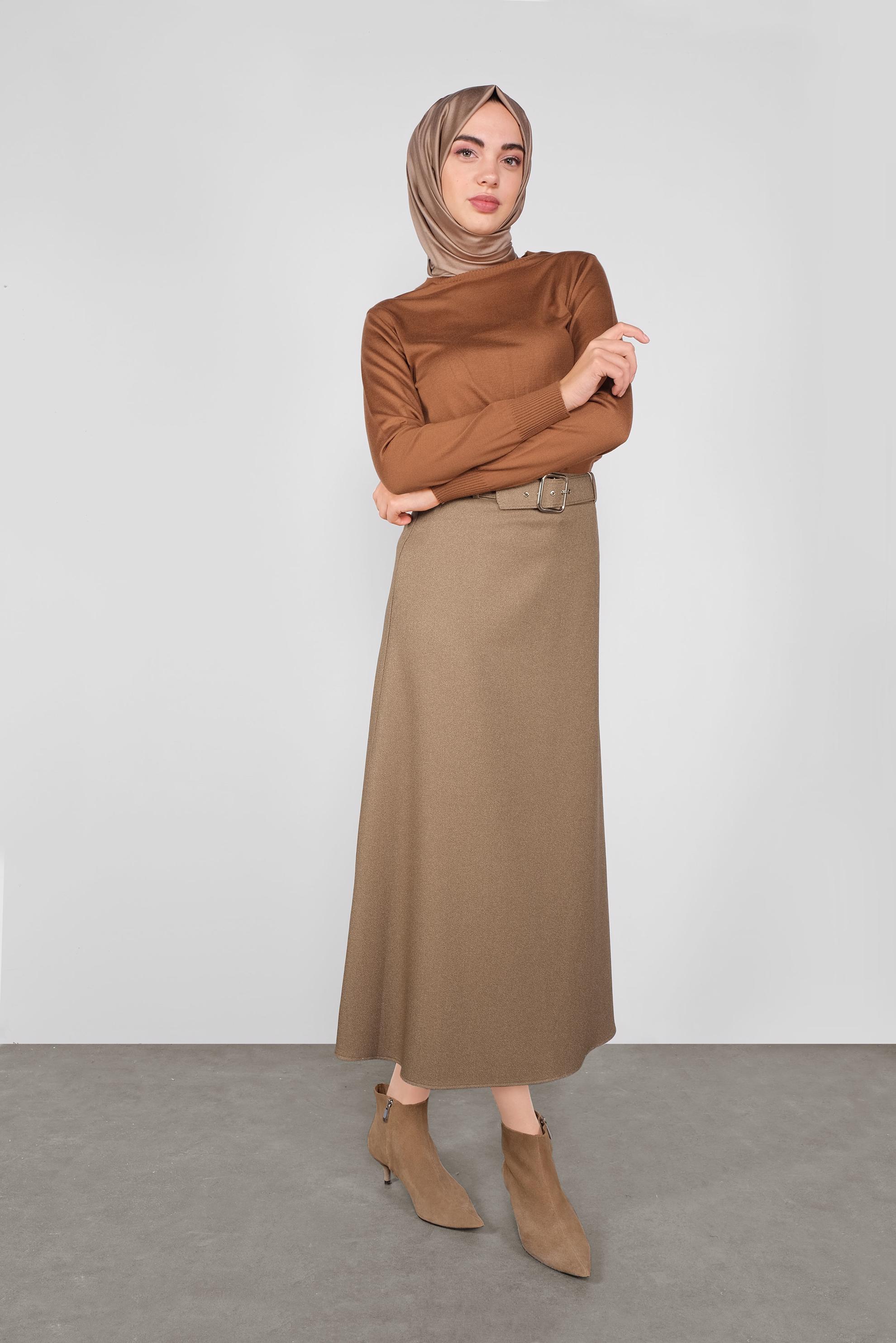Tesettür giyim TABA KEMERLİ KLASİK ETEK 60106