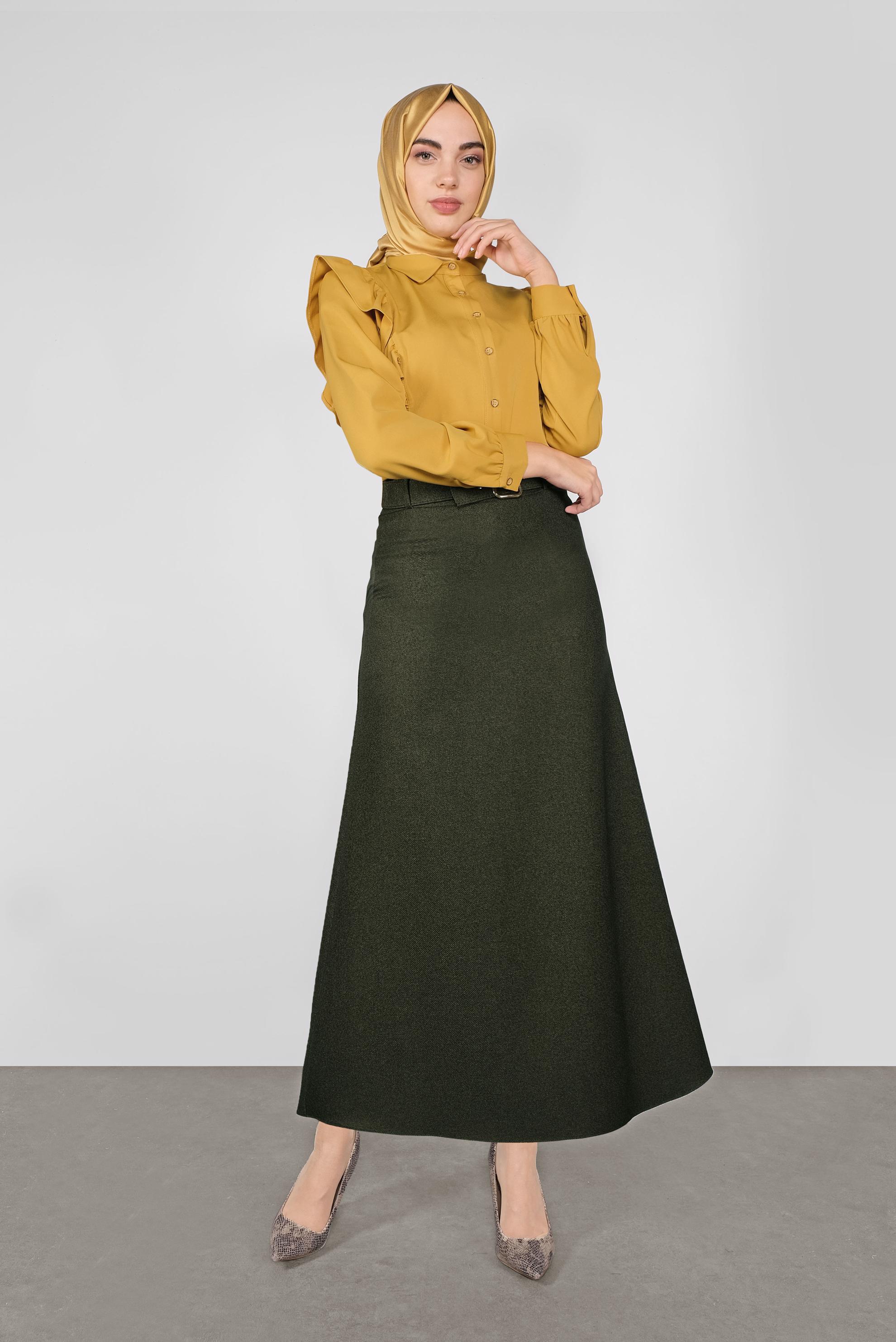 Tesettür giyim HAKİ KEMERLİ KLASİK ETEK 60106