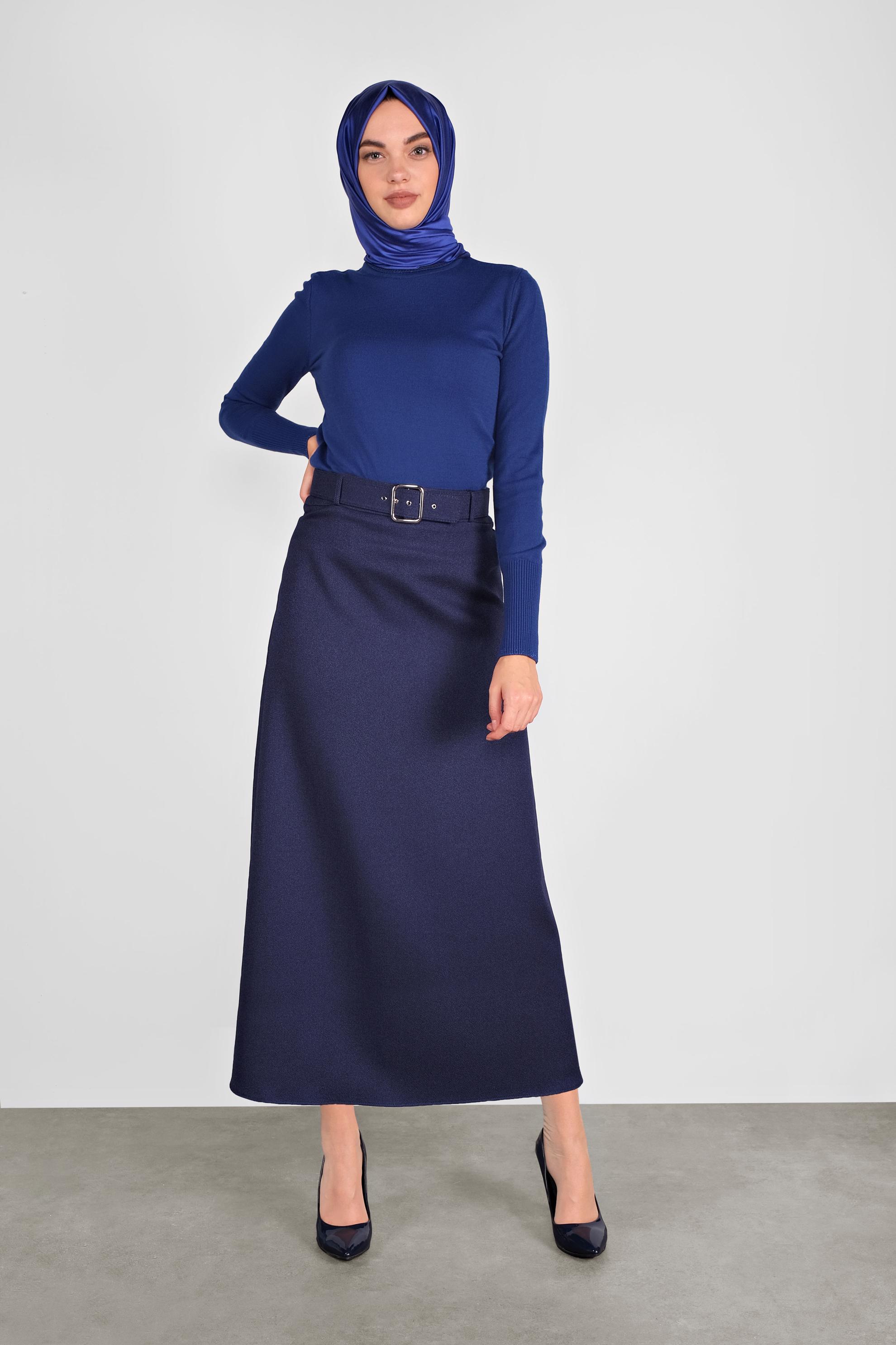 Tesettür giyim LACİVERT KEMERLİ KLASİK ETEK 60106