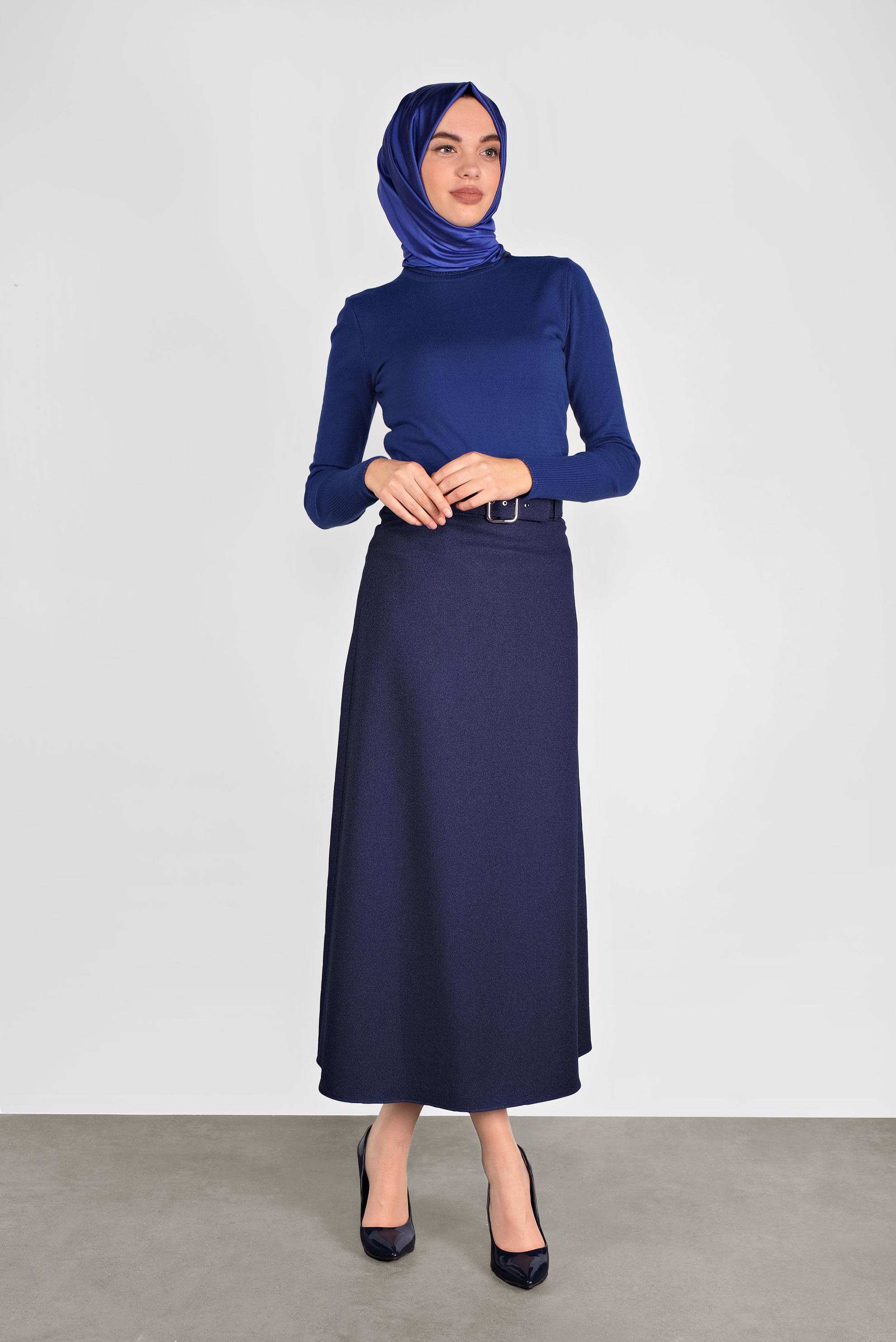 Tesettür giyim LACİVERT KEMERLİ KLASİK ETEK 60106