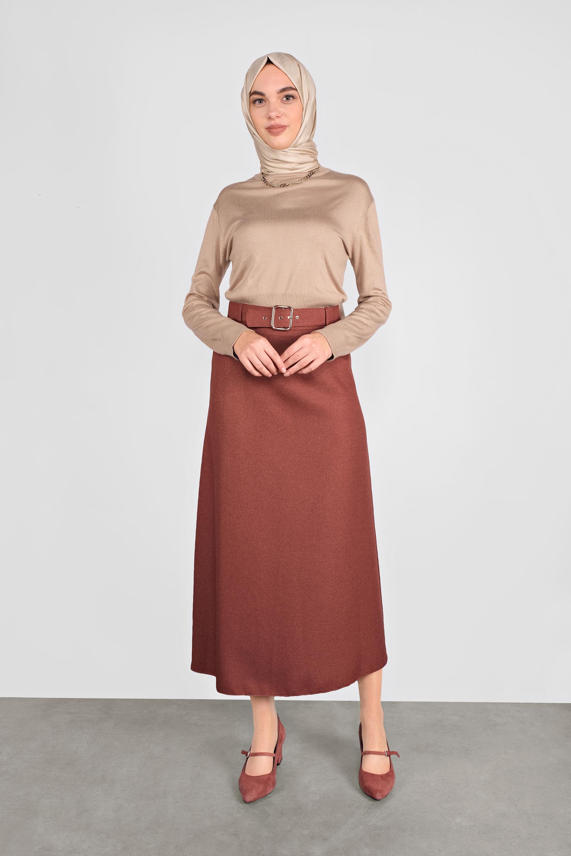 Tesettür giyim KAHVE KEMERLİ KLASİK ETEK 60106
