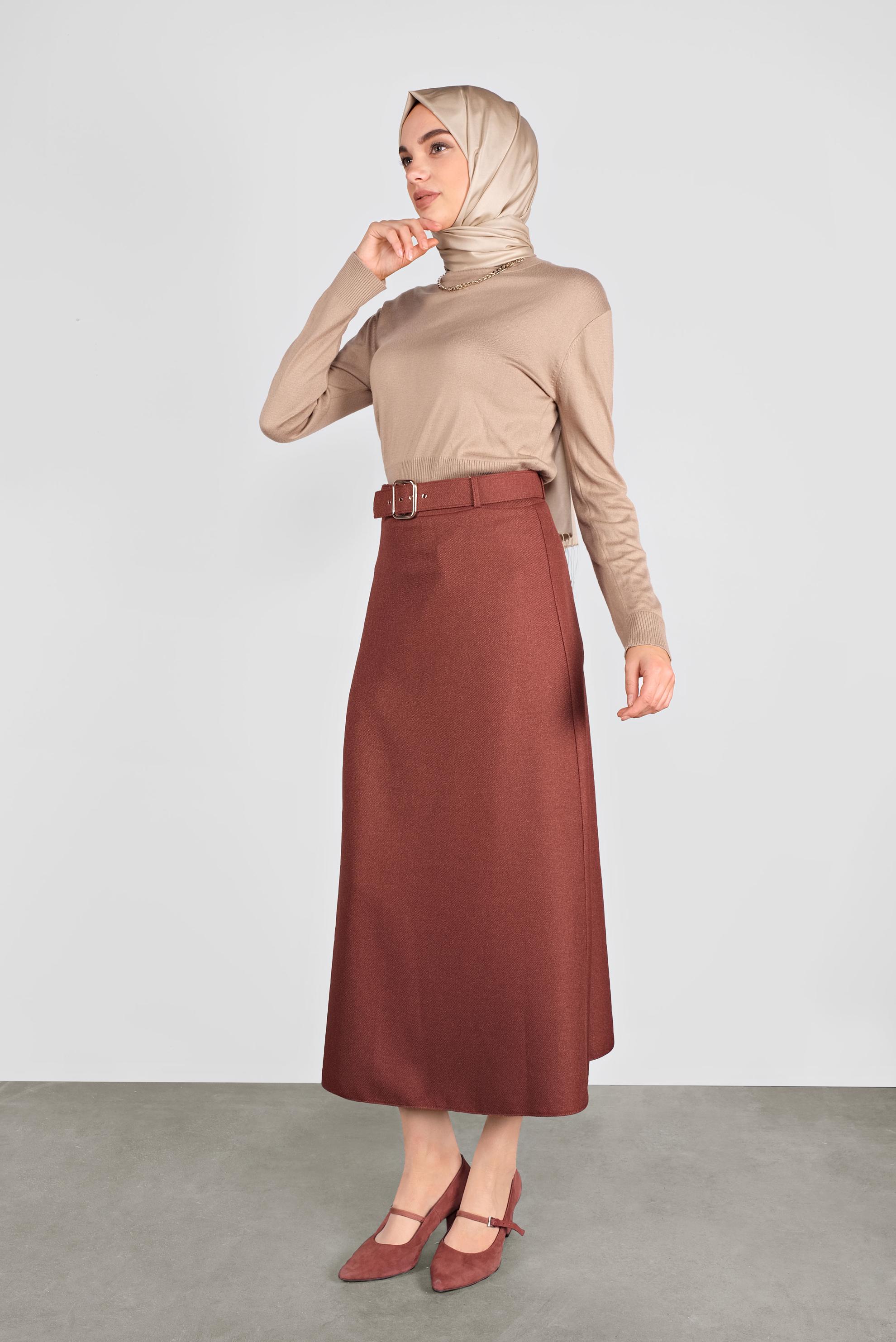 Tesettür giyim KAHVE KEMERLİ KLASİK ETEK 60106