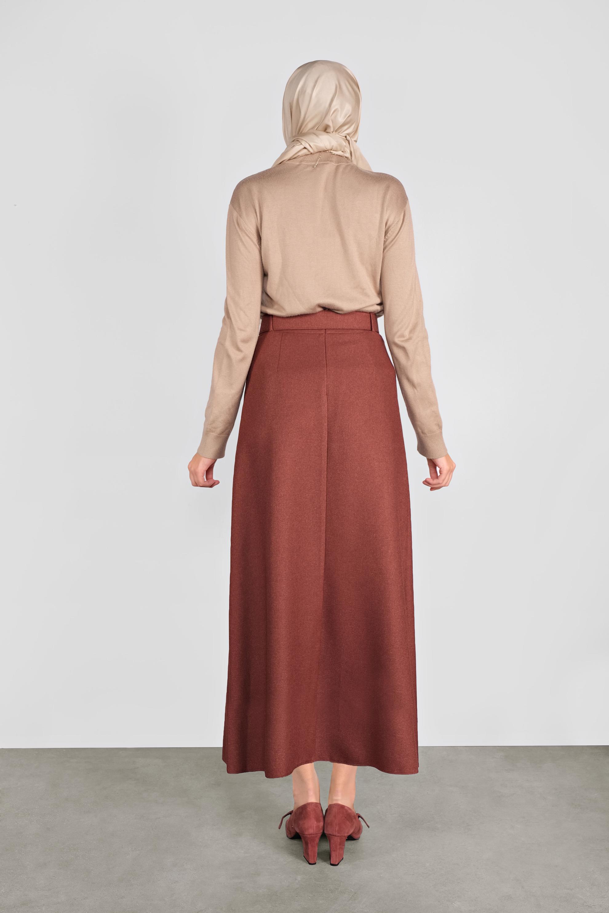 Tesettür giyim KAHVE KEMERLİ KLASİK ETEK 60106