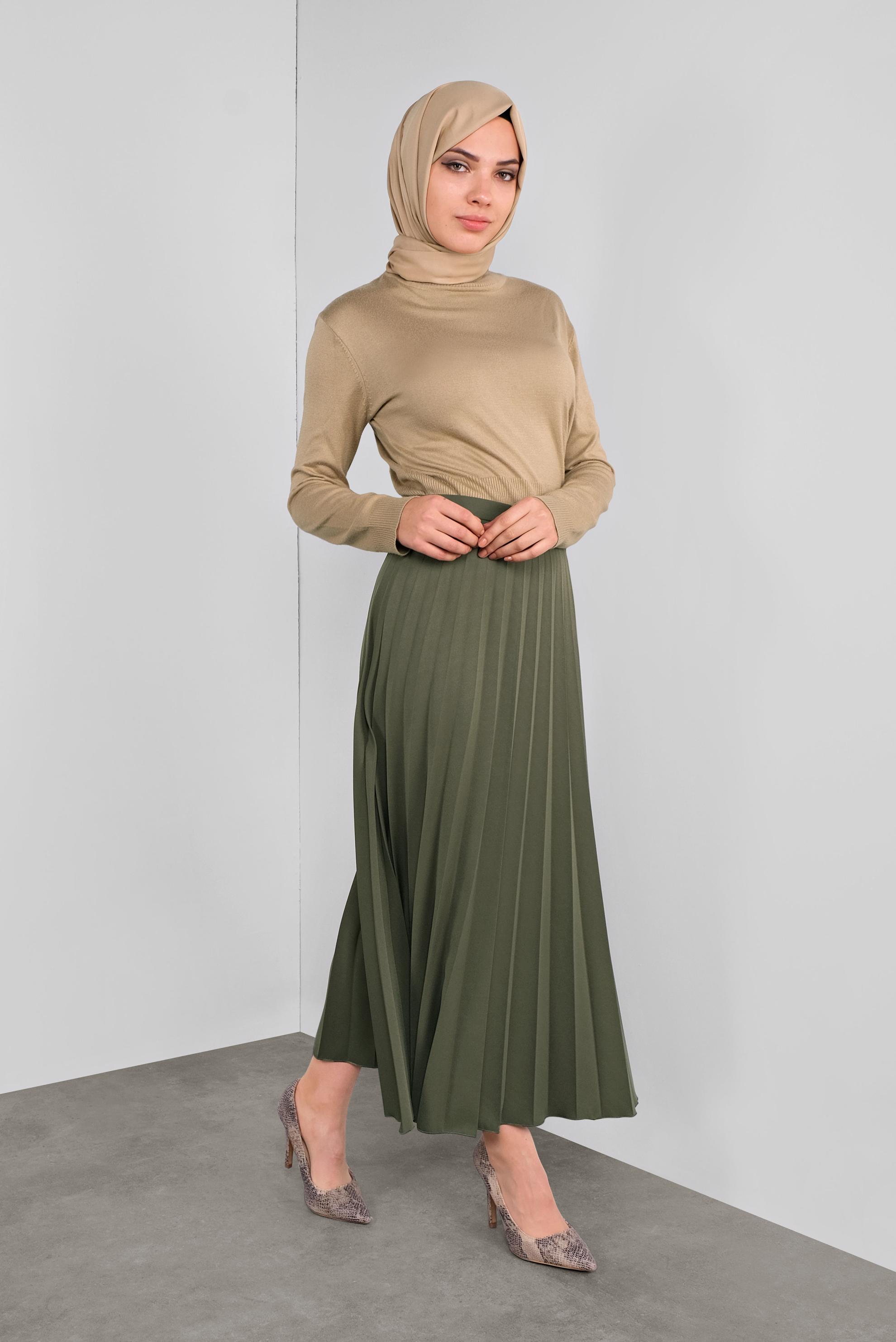 Tesettür giyim HAKİ PİLELİ ETEK 60107