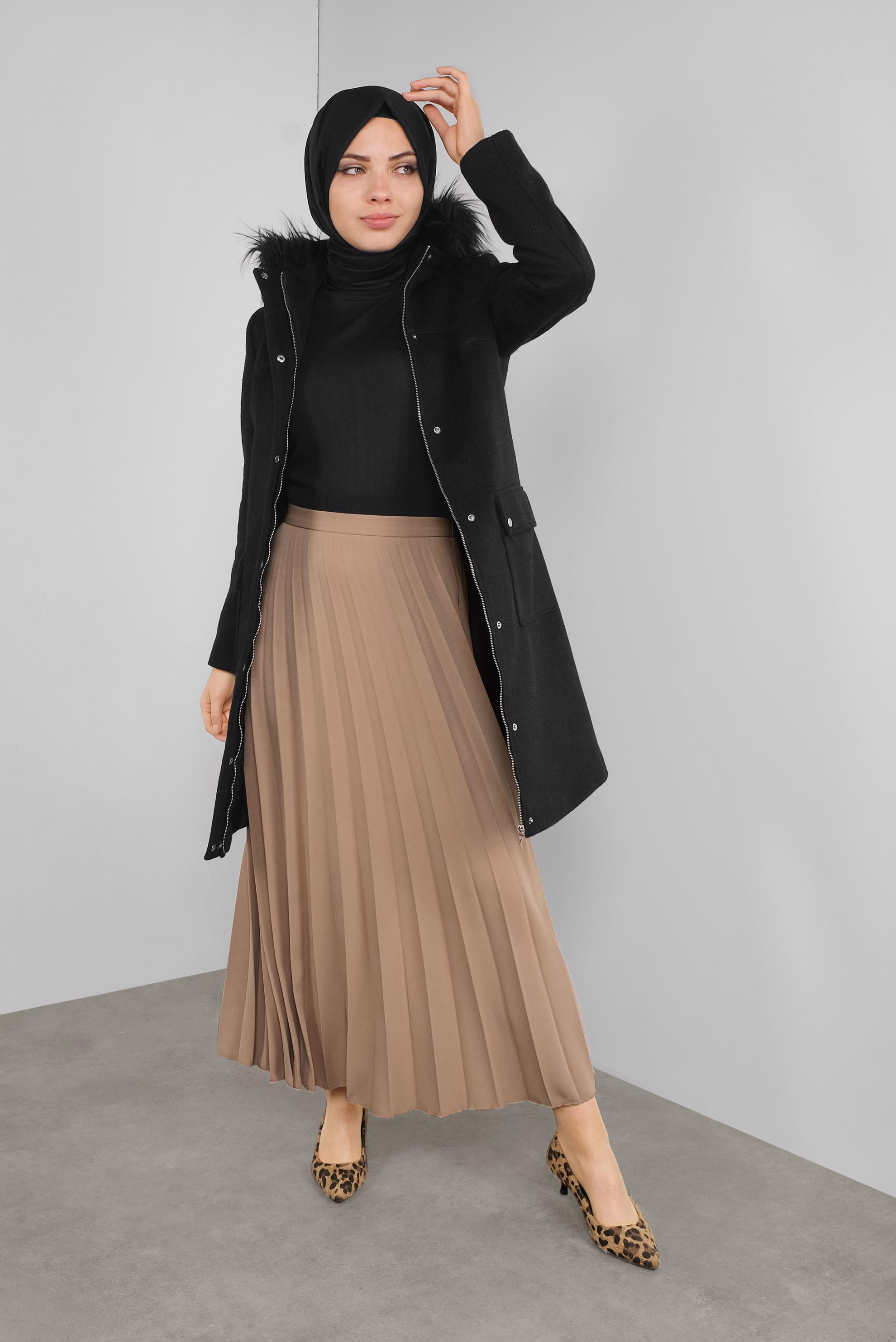 Tesettür giyim KAHVE PİLELİ ETEK 60107