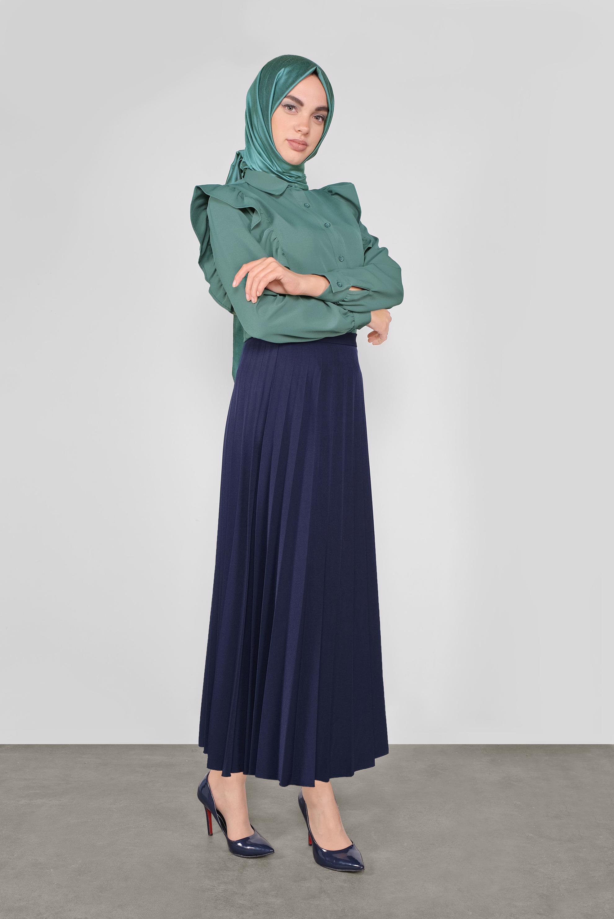Tesettür giyim LACİVERT PİLELİ ETEK 60107