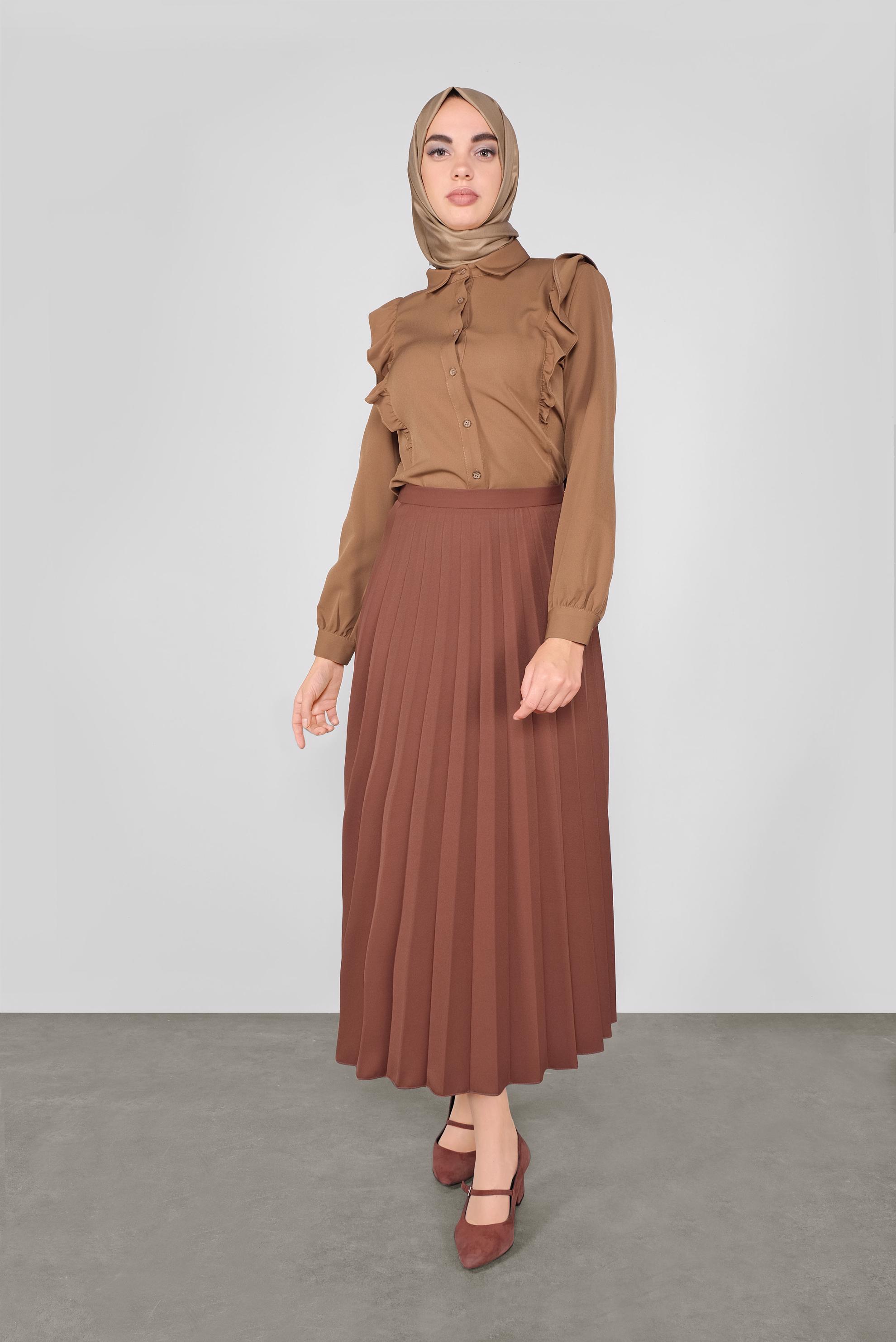 Tesettür giyim KAHVE PİLELİ ETEK 60107