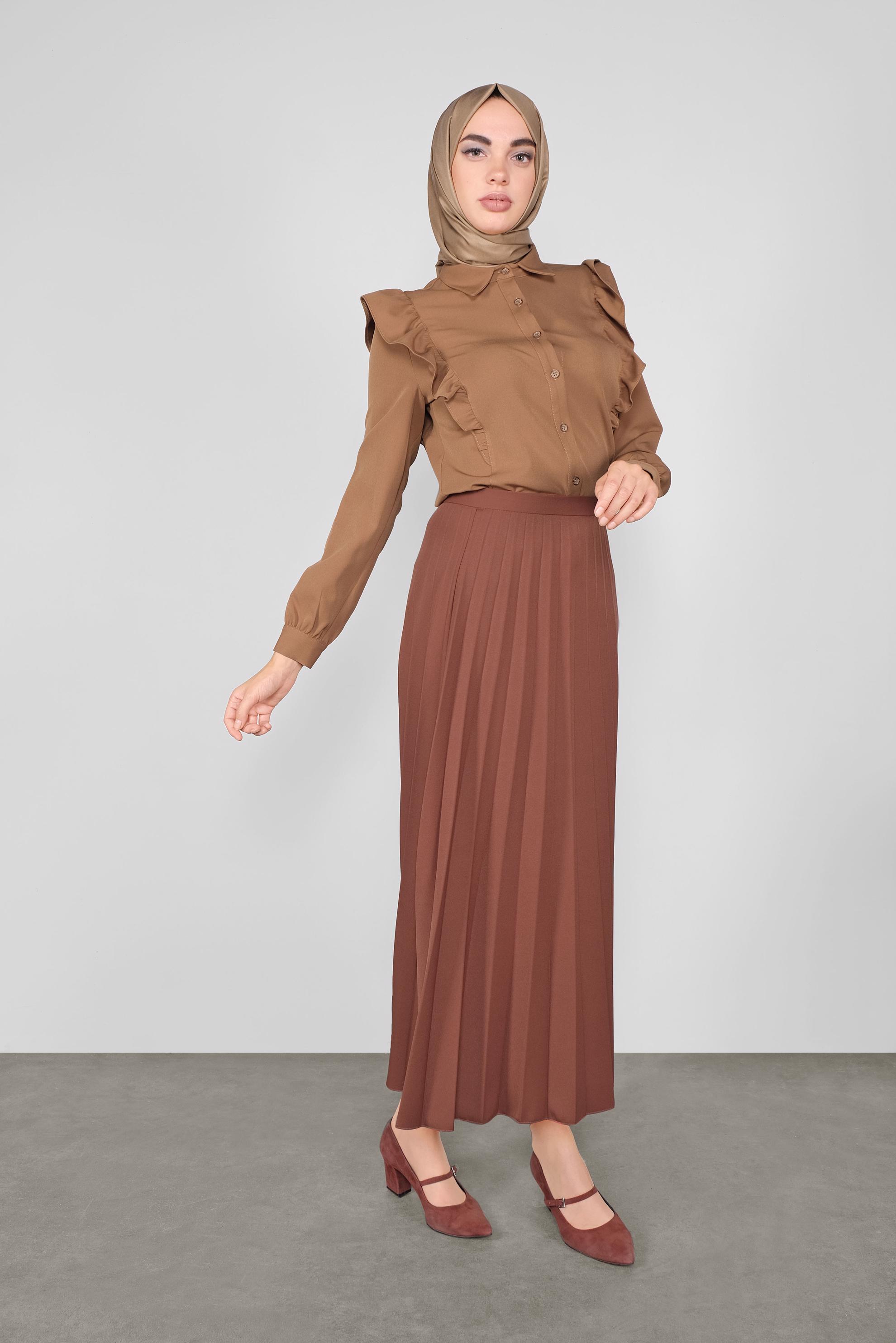 Tesettür giyim KAHVE PİLELİ ETEK 60107