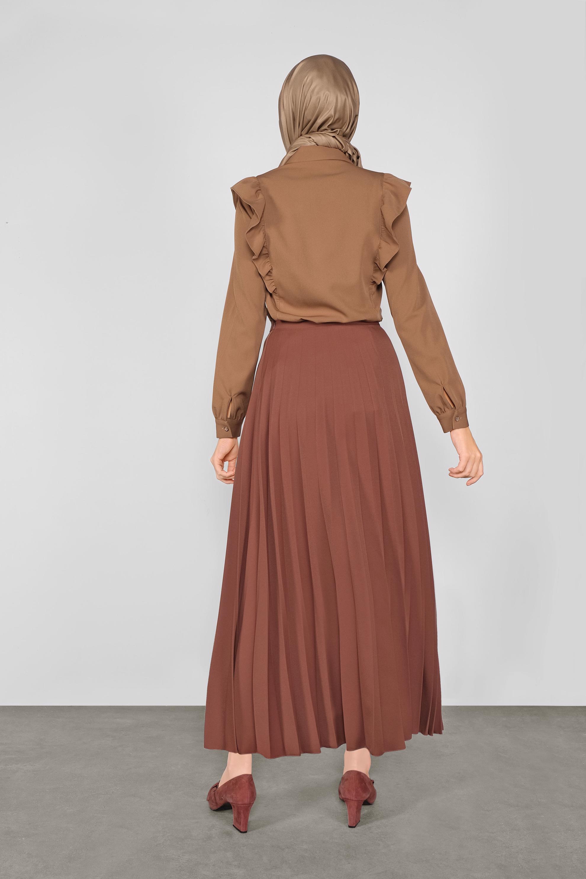 Tesettür giyim KAHVE PİLELİ ETEK 60107