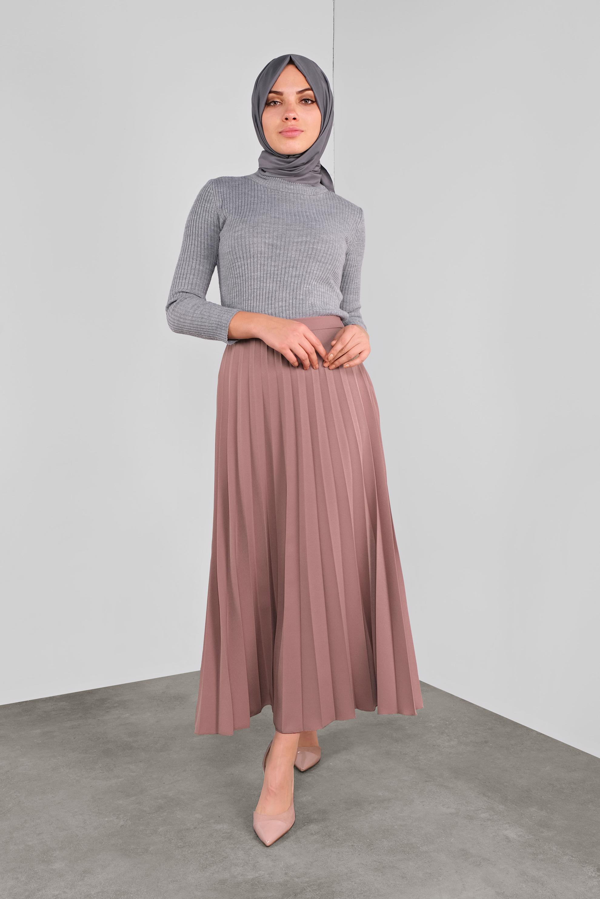 Tesettür giyim PEMBE PİLELİ ETEK 60107